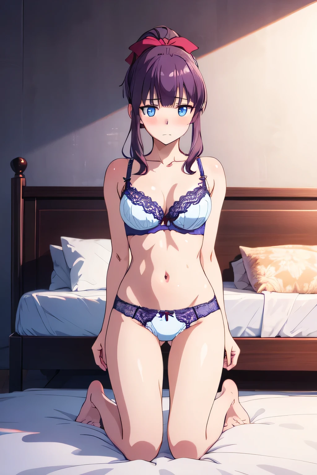 a highly detailed, extremely detailed, 8k, hyper-realistic portrait of takimoto hifumi, beautiful girl with long purple hair in a ponytail, blue eyes, embarrassed expression, lie on a bed, glowing effects, detailed white bra and panties, full body