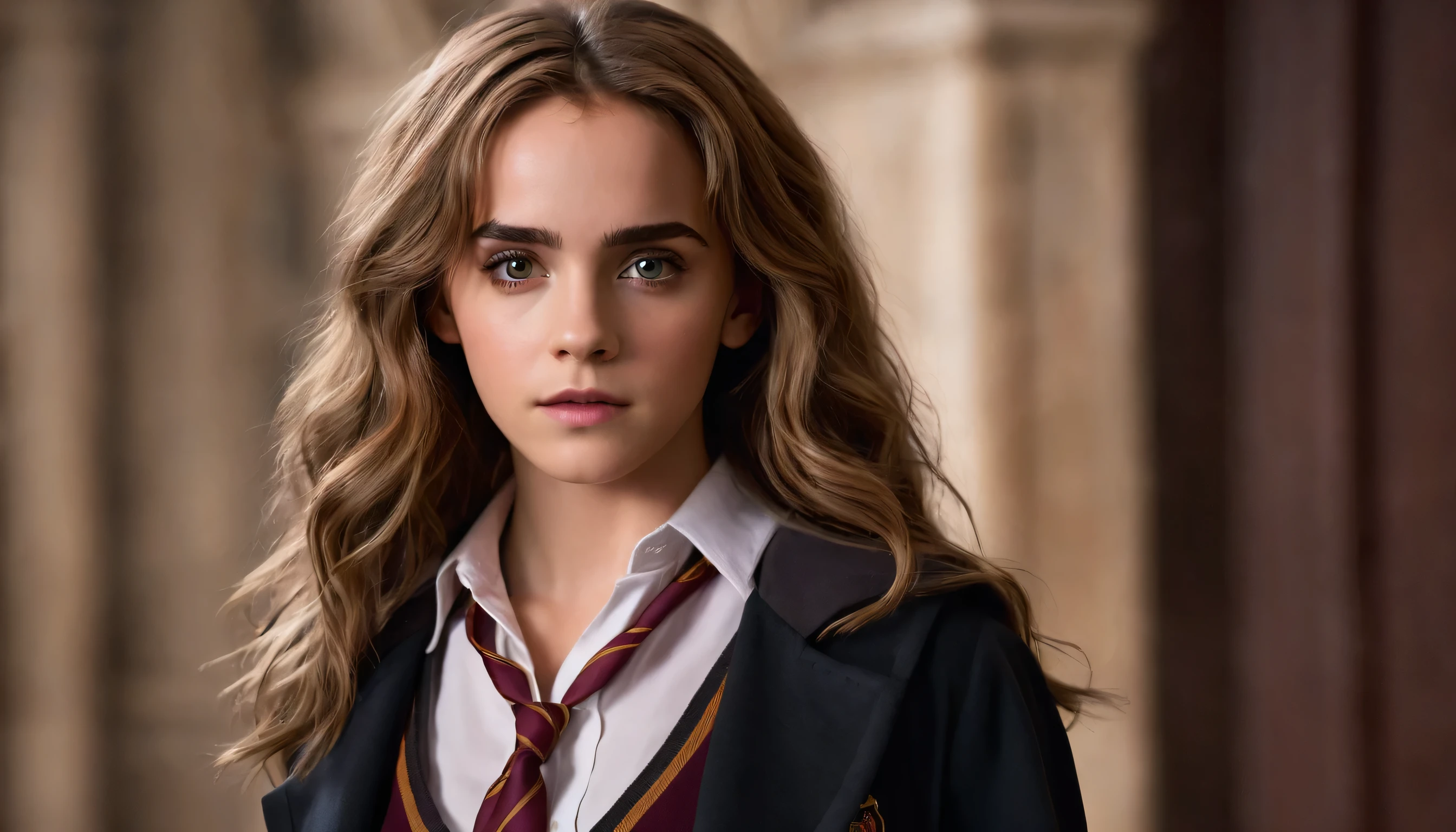 Very beautiful and pretty Hermione Granger with a really chiseled jawline is looking straight with a sigma look on her face, slim nose, beautiful eyes, and hair, she have a very hot and sexy body, she is inside his magic academy, Ultra realistic, she is posing for a photoshoot