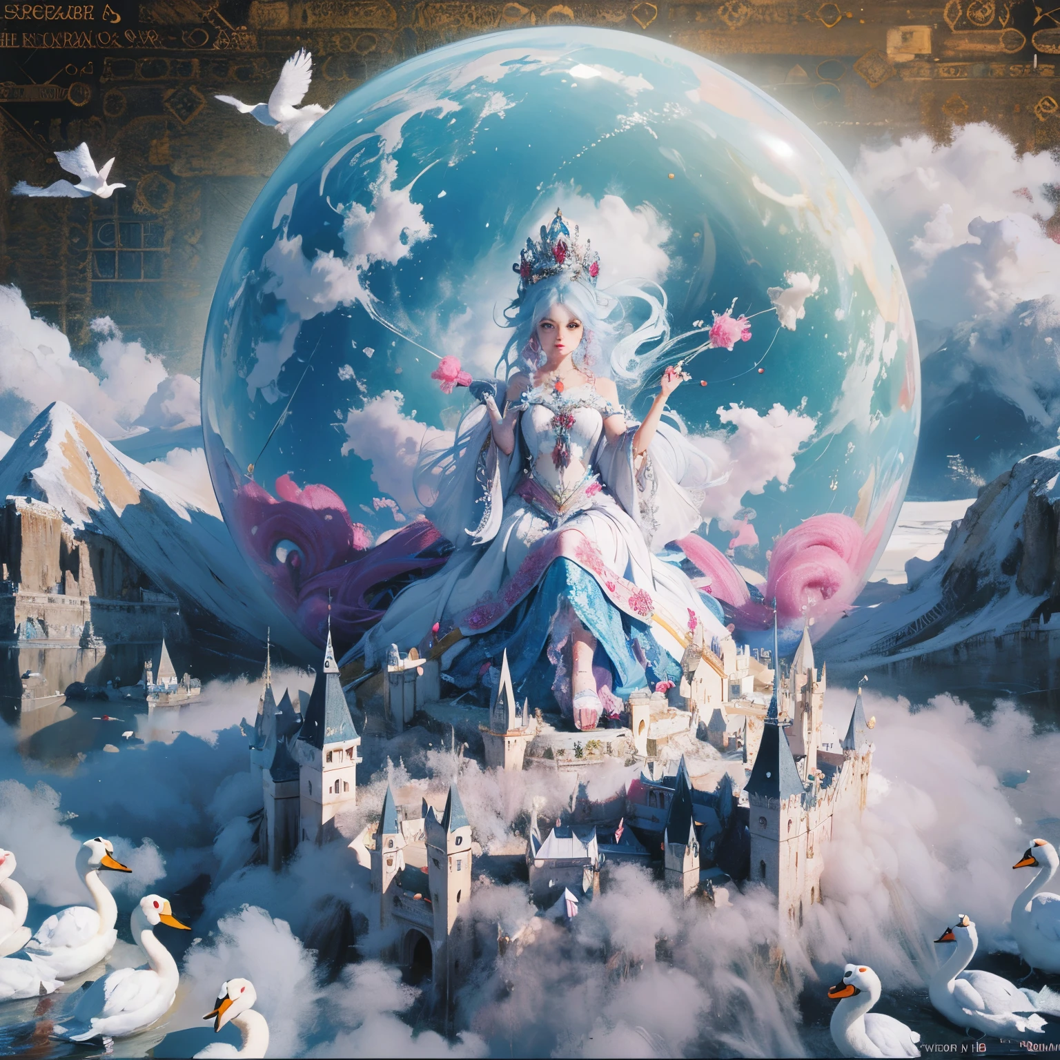 Cotton Candy Queen Women Goddess 8k Resolution Rendered Hyper Realistic Intricate Detail lives in an frosty ice bubble, a fanciful place filled with castles, cotton candy, swans lakes and fluffy clouds, An intricate visual representation of computer programing, rendered in 24k resolution with intricate details and symbols.