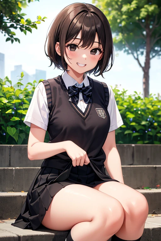 (((pixel-perfect, detail-perfect))), solo, 1girl, rampe(Yeol Ayres), brown hair, shirt white, vest black, black skirt, shoes black, socks white, school, short hair, black eyes, smile, grin