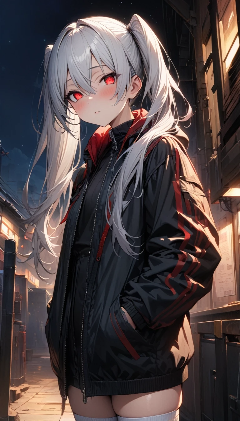 a handsome girl, 20 years old,
red eyes, twintails hair, white hair,
standing,
shoulder ,jacket, white knee socks,
masterpiece, best quality, ultra detailed, detailed eyes, slanted eyes, night sky