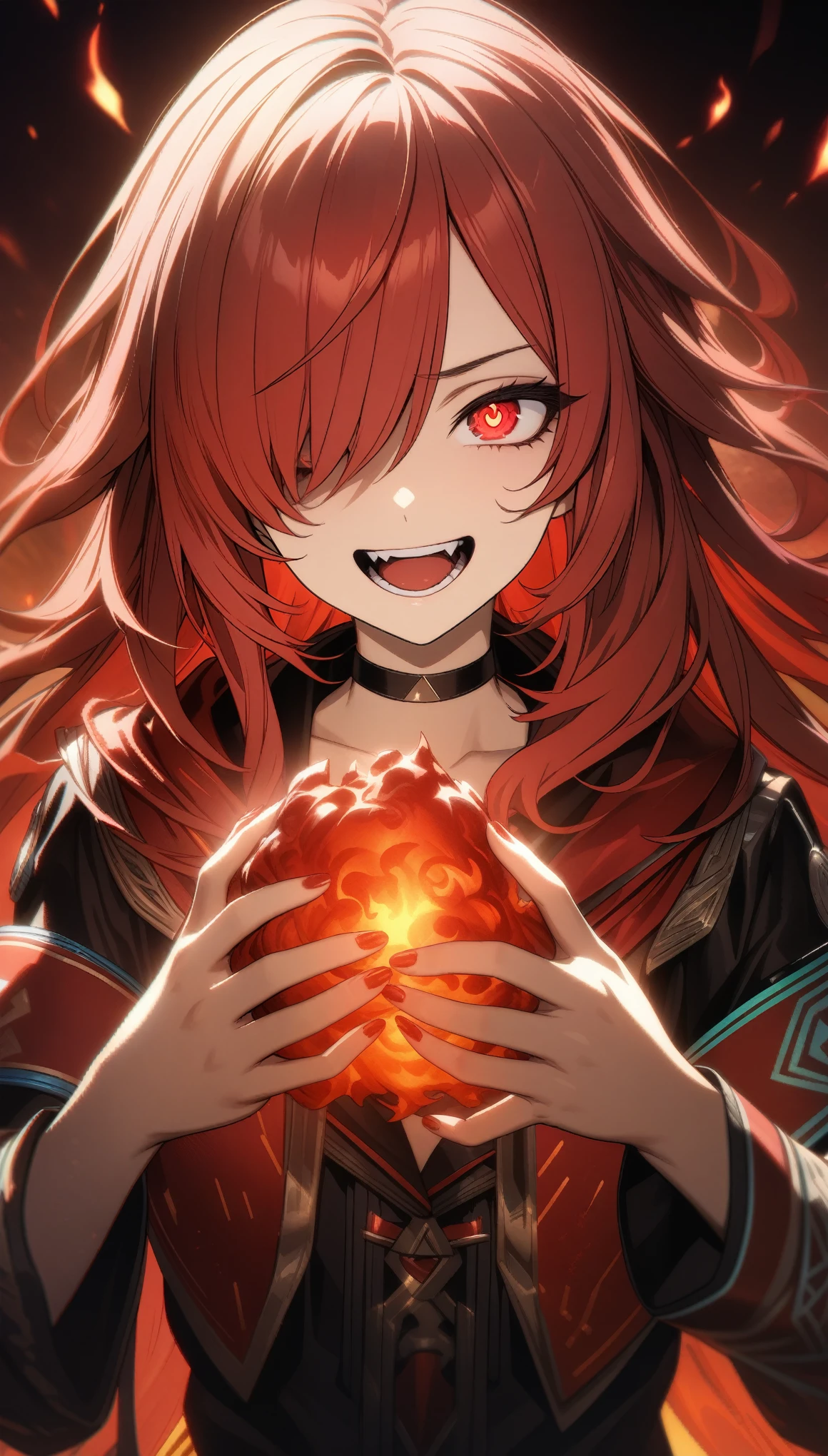 32k, best quality, ultra high res, HDR, UHD, extremely detailed CG, unity 32k wallpaper, highest quality, Intricate details, chromatic aberration, One girl, Long Hair, Red hair, Messy Hair, Red highlights, Hair on one eye, Red eyes, Sharp eyes, choker, Armband, Laugh eerily, Red flames in my hands,