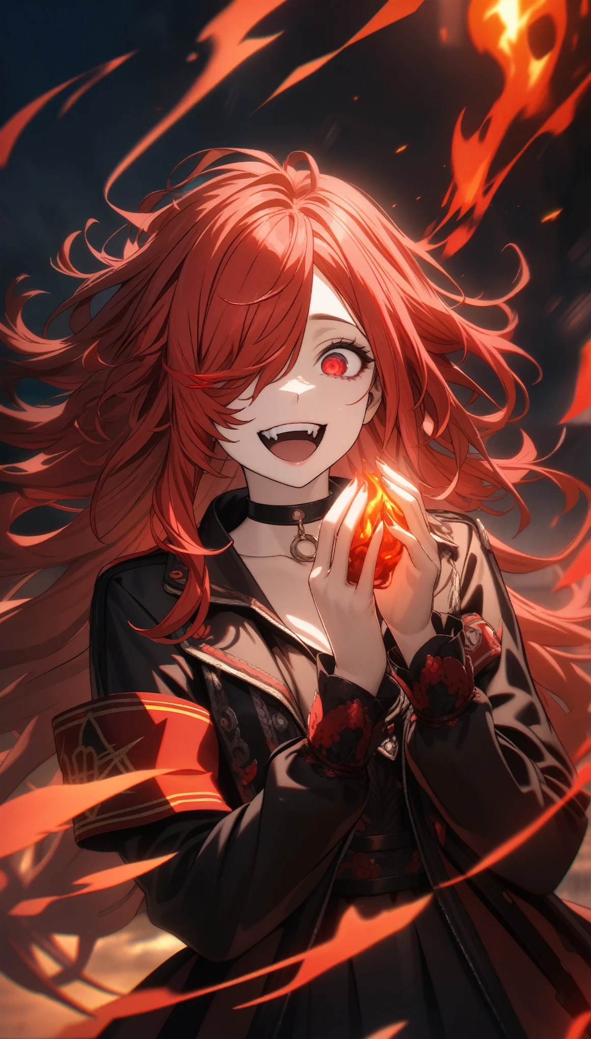 32k, best quality, ultra high res, HDR, UHD, extremely detailed CG, unity 32k wallpaper, highest quality, Intricate details, chromatic aberration, One girl, Long Hair, Red hair, Messy Hair, Red highlights, Hair on one eye, Red eyes, Sharp eyes, choker, Armband,   Laugh eerily, Red flames in my hands, 
