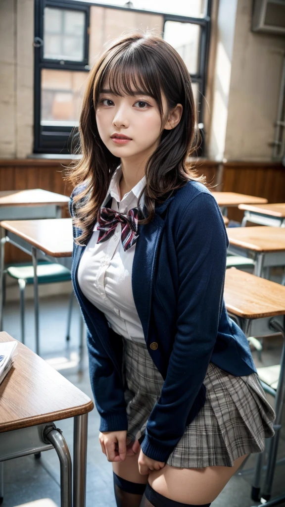 masterpiece, best quality, illustration, Super detailed, fine details, High resolution, 8K,wall paper, perfect dynamic composition,(Details High quality, realistic depiction of eyes:1.3), from side, High School Classroom、High school girl uniform、blazer 、Super Short Check Uniform Skirt、Navy blue high socks、garterbelts、Colossal tits、Disturbed uniform,  short hair, (wavy hair:1.2), short bob hair, black hair color, large breasts, Big Natural Color Lip, acrobatic pose, perfect body shape, crying a little、cold gaze, Harajuku style、20 year old girl、cute type, beautiful legs, hposing Gravure Idol, Voluptuous thighs