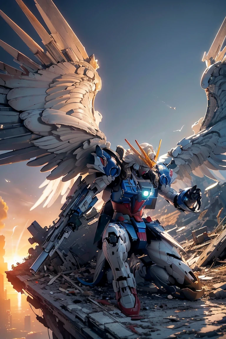 ((masterpiece, highest quality, Highest image quality, High resolution, photorealistic, Raw photo, 8K)), ((Extremely detailed CG unified 8k wallpaper)), Wing gundam zero, They spread their wings and soar over the ruined city,