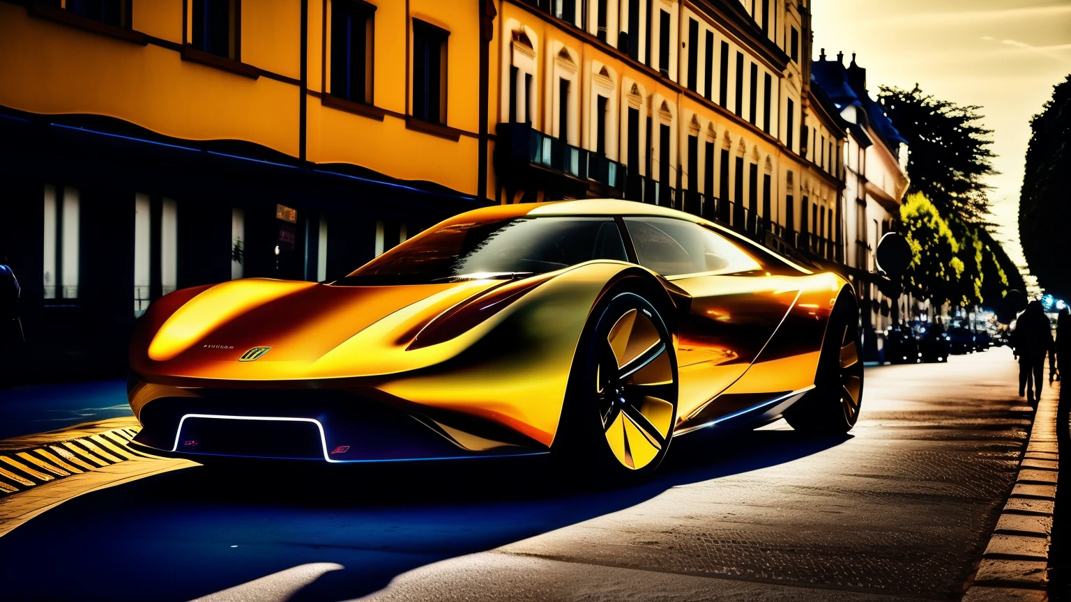 A electric hypercar concept car, bathed in the golden hues of an HDR-enhanced sunset, sits elegantly on a dusty, cobblestone street. The car's sleek and stylish design, reminiscent of a bygone era, gleams under the spotlight of the setting sun. Its chrome details sparkle, reflecting the dynamic play of light and shadows that envelops the scene. The car's old-world charm is further accentuated by the soft, warm glow of the street lamps, casting a romantic ambiance over the quiet, deserted street. Captured in HDR, every detail of the car, from its luxurious leather interior to the intricate