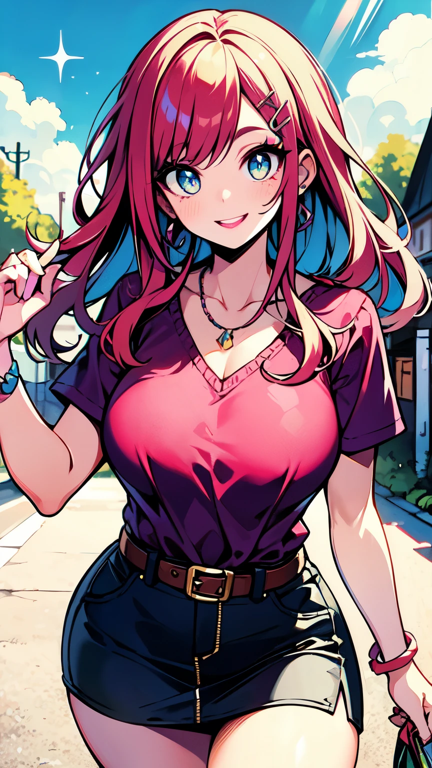 Large woman, red and white medium straight hair, thin eyebrows, narrow eyes, eyeshadow, blue eyes, light pink lipstick, light makeup, pink and yellow camisole, necklace, red-purple miniskirt and thick red belt, hairpin, detailed beautiful face, sparkling eyes, looking up at the viewer, adorable, colorful depiction, healthy, strong sunlight, dynamic movement, 8K, beautiful and nostalgic village scenery, amazing smile,