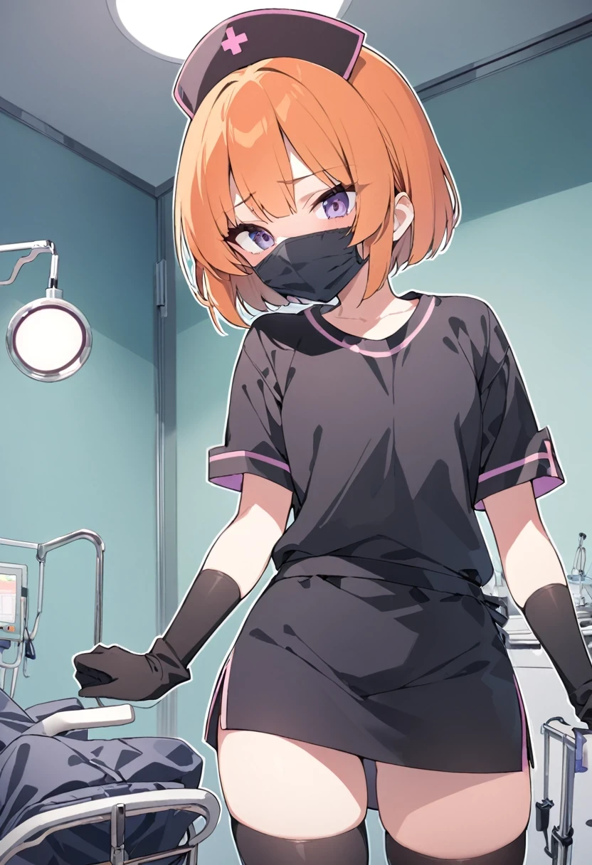 black nurse, 1girl, solo, black nurse cap, black wear, ((black legwear, zettai ryouiki)), black elbow gloves, very short hair, orange hair, ((black surgical mask, covered nose)), standing, ((surgery room)), sharp outline, short sleeves, tomboy, boyish, best quality, masterpiece