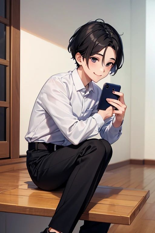 (((pixel-perfect, detail-perfect))), solo, 1boy, Yeol Ayres, hat black, hair black, eye black, shirt grey, black pants, shoes black, belts, house, smile, holding phone, 26 year old