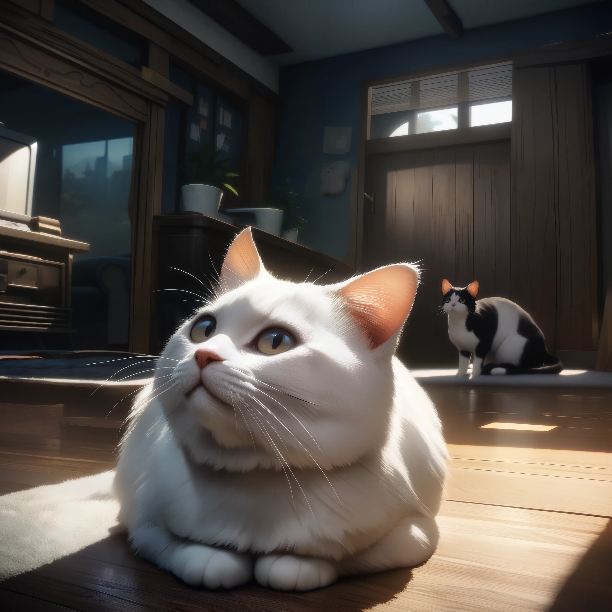 32k, best quality, ultra high res, HDR, UHD, extremely detailed CG, unity 32k wallpaper, Three-haired cat, Indoor living room background, Looking up, 餌をねだるThree-haired cat, Close-up,