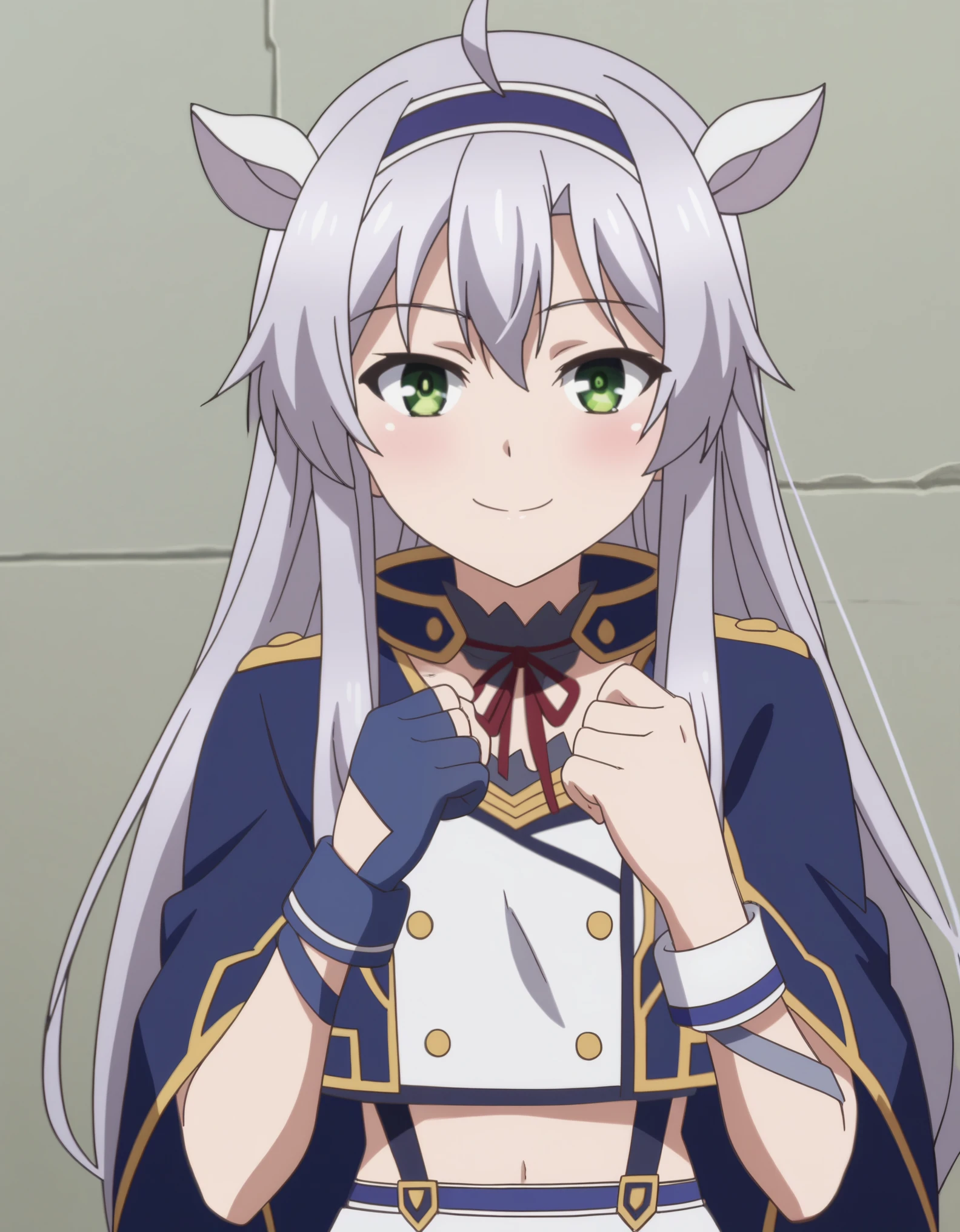 score_9, score_8_up, score_7_up, source anime, absurdres, highres, rating explicit, BREAK, anime screencap, anime coloring, (((masterpiece))),
1girl, sistine fibel, rokudenashi majutsu koushi to akashic record, green eyes, grey hair, long hair, ahoge, small breasts, blue hairband, fake animal ears, alzano , blue capelet, blue thighhighs, neck ribbon, choker, garter straps, single wrist cuff, single glove, uneven gloves, pleated skirt, suspender skirt, midriff, 
seductive smile, looking at viewer, upper body, 
BREAK,