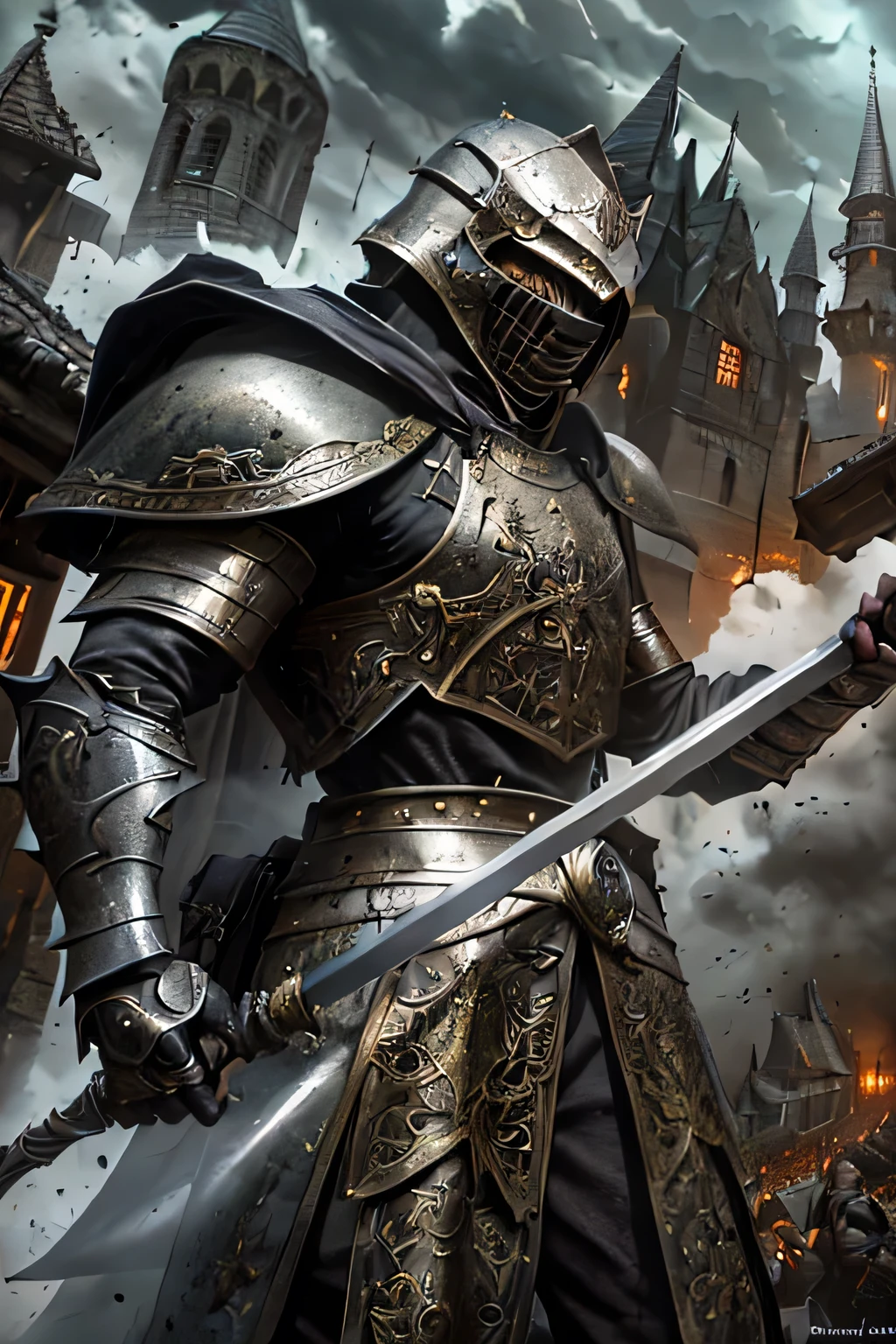 (best quality, highres:1.2), detailed armor, shining armor, broadsword, heroic pose, epic scene, castle backdrop, medieval landscape, dramatic lighting, HDR, gritty and dark color tone, concept artist, fantasy