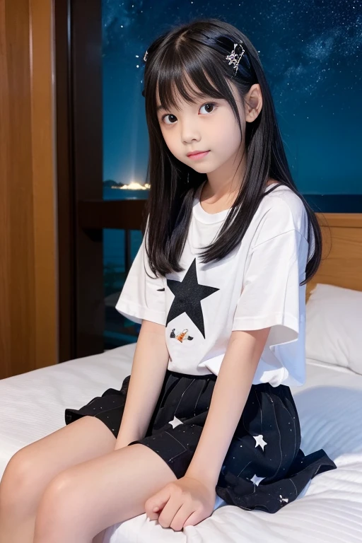 8k,Japanese,6 ,innocent face,teenage girl,cute,summer clothes,everyday wear,sitting,black hair,on the bed,coastline,hair clip,night view,starry sky