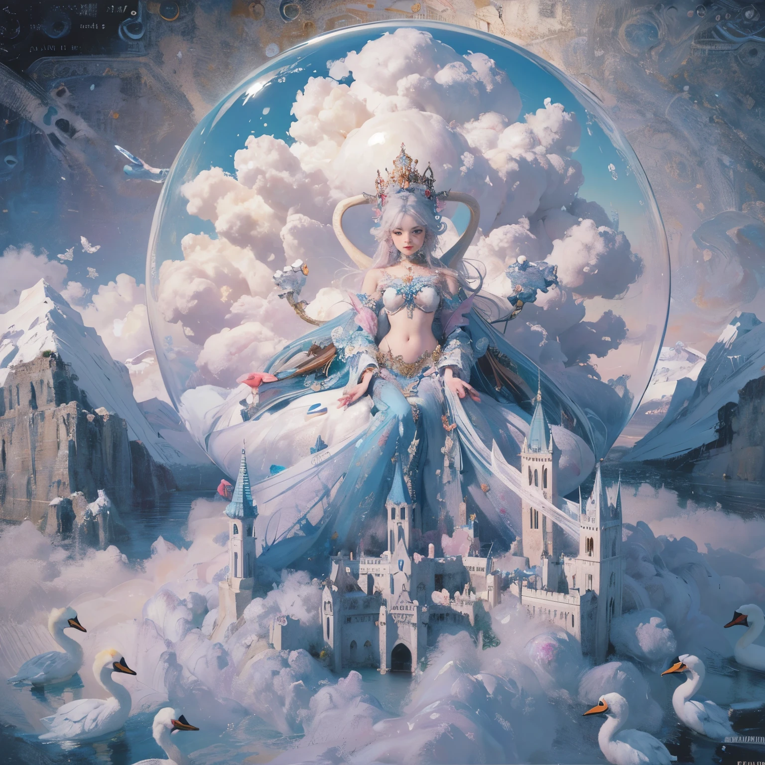 Cotton Candy Queen Women Goddess 8k Resolution Rendered Hyper Realistic Intricate Detail lives in an frosty ice bubble, a fanciful place filled with castles, cotton candy, swans lakes and fluffy clouds, An intricate visual representation of computer programing, rendered in 24k resolution with intricate details and symbols.