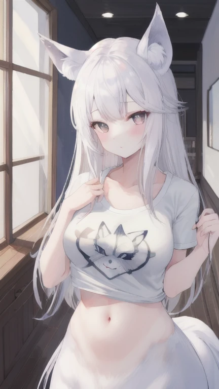 (best quality, masterpiece), 1 girl, centaur, It takes, White skin,belly button t-shirt, 아름다운 소녀 perfect wolf photo, perfect wolf photo