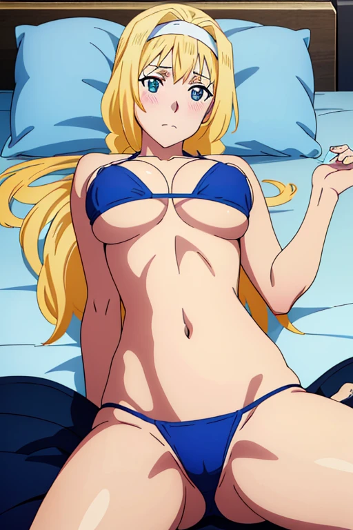 (masutepiece, Best Quality, High resolution:1.5, anime colours, megami magazine:1.2, anime poster style, anime keyvisual, sharp, 8k, photorealistic), nsfw, POV, (beautiful eyes:1.5, beautiful face), Alice Zuberg, 1girl, solo, Cute, (white headband), (blond Long Hair, hair braid), blush, (huge breasts, underboob), (blue bikini), (lying, on back, lie on bed:1.5), (spread legs, cowboy shot), (Perfect detailed Anatomy, beautiful detailed hair, perfect detailed body:1.2, shiny skin), (thick outline, Beautiful outlines, black outlines),