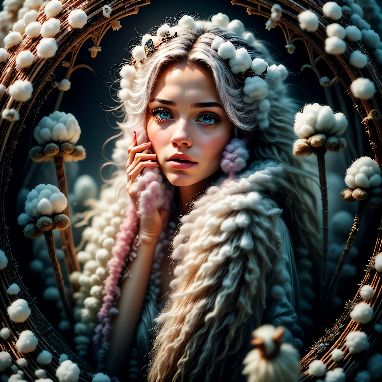 Cotton Candy Queen Women Goddess 8k Resolution Rendered Hyper Realistic Intricate Detail lives in an frosty ice bubble, a fanciful place filled with castles, cotton candy, swans white lions angel hair lakes and fluffy clouds, An intricate visual representation of computer programing, rendered in 24k resolution with intricate details and symbols.