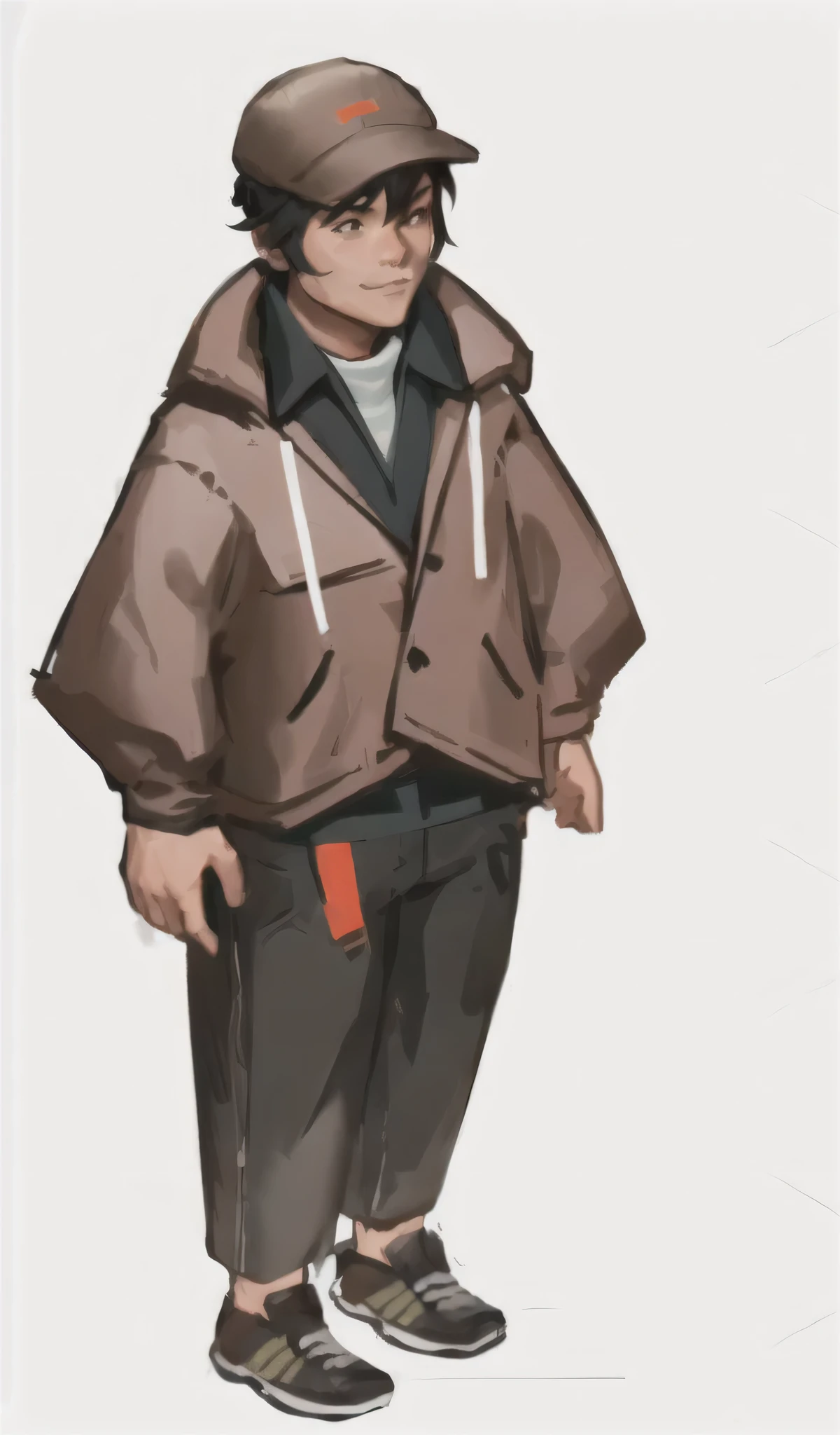 Illustration of an Asian man wearing a brown jacket and hat, Concept art of single boy, Unrealistic character concept, ( ( Character Concept Art ) ), Full body character concept, detailed Whole body concept art, Full body portrait, Single character full body, Whole body concept, full body Character Concept Art, Full body character design, Full body portrait, Anime style character soft tall sunny exquisite