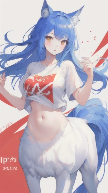 (best quality, masterpiece), 1 girl, centaur, It takes, White skin,belly button t-shirt, beautiful girl perfect wolf photo, perfect wolf photo