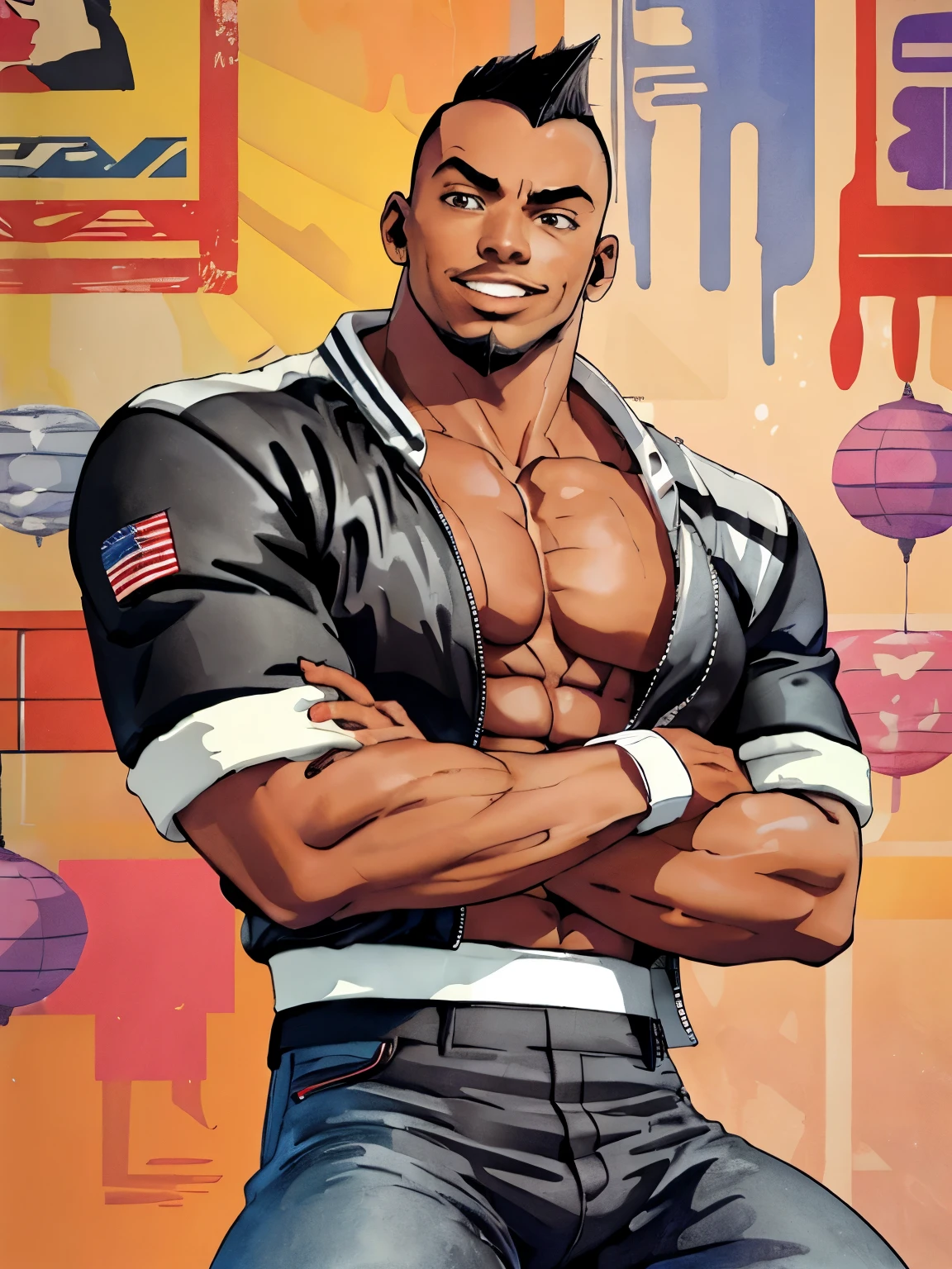 One boy, kofheavyd, solo, smile, short hair, black hair, jacket, full body, male focus, boots, outdoors, open clothes, dark skin, open jacket, tree, black jacket, muscular, facial hair, black shorts, crossed arms, abs, dark-skinned male, thick eyebrows, pectorals, muscular male, bara, large pectorals, mature male, tight, manly, leather, undercut, Pop Art, Brilliant, Use of color, Bold composition, modern, fashion, Andy Warhol, Iconic, contrast, graphical, Silkscreen, colorful, flashy, Retro, vintage, Comic Book Style, Geometric pattern, culture, ポップculture, stand out, Charm, Impact, stylish, Modern Art, Hero Image, pattern, Pop Background, repetition, Art Scene, Flat Color, High chroma