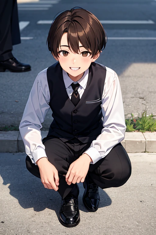 (((pixel-perfect, detail-perfect))), solo, 1boy, koci(Yeol Ayres), brown hair, shirt white, vest black, black pants, shoes black, school, long sleeves, grin, smile