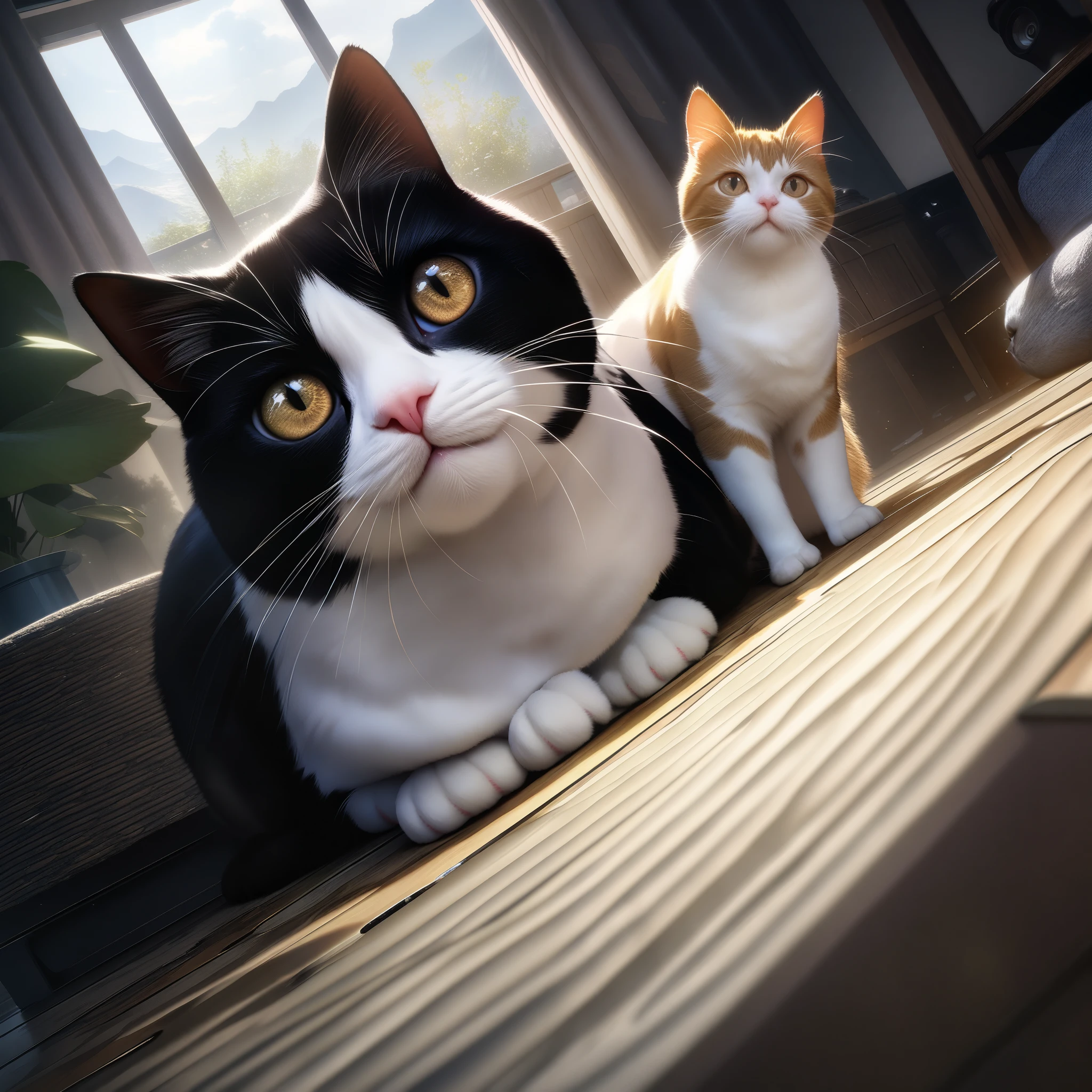 32k, best quality, ultra high res, HDR, UHD, extremely detailed CG, unity 32k wallpaper, Three-haired cat, Indoor living room background, Looking up, 餌をねだるThree-haired cat, Close-up,