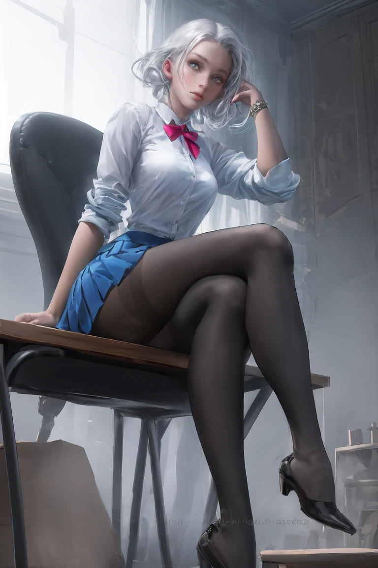 1girl, incredibly detailed 8k cg, flawless model, mesmerizing idol, stunning face, ethereal beauty, pristine white hair, ring braids, captivating blue eyes, Kakegurui , redblazer, white shirt, pleated grey skirt, brown pantyhose, sat on desk , full body,