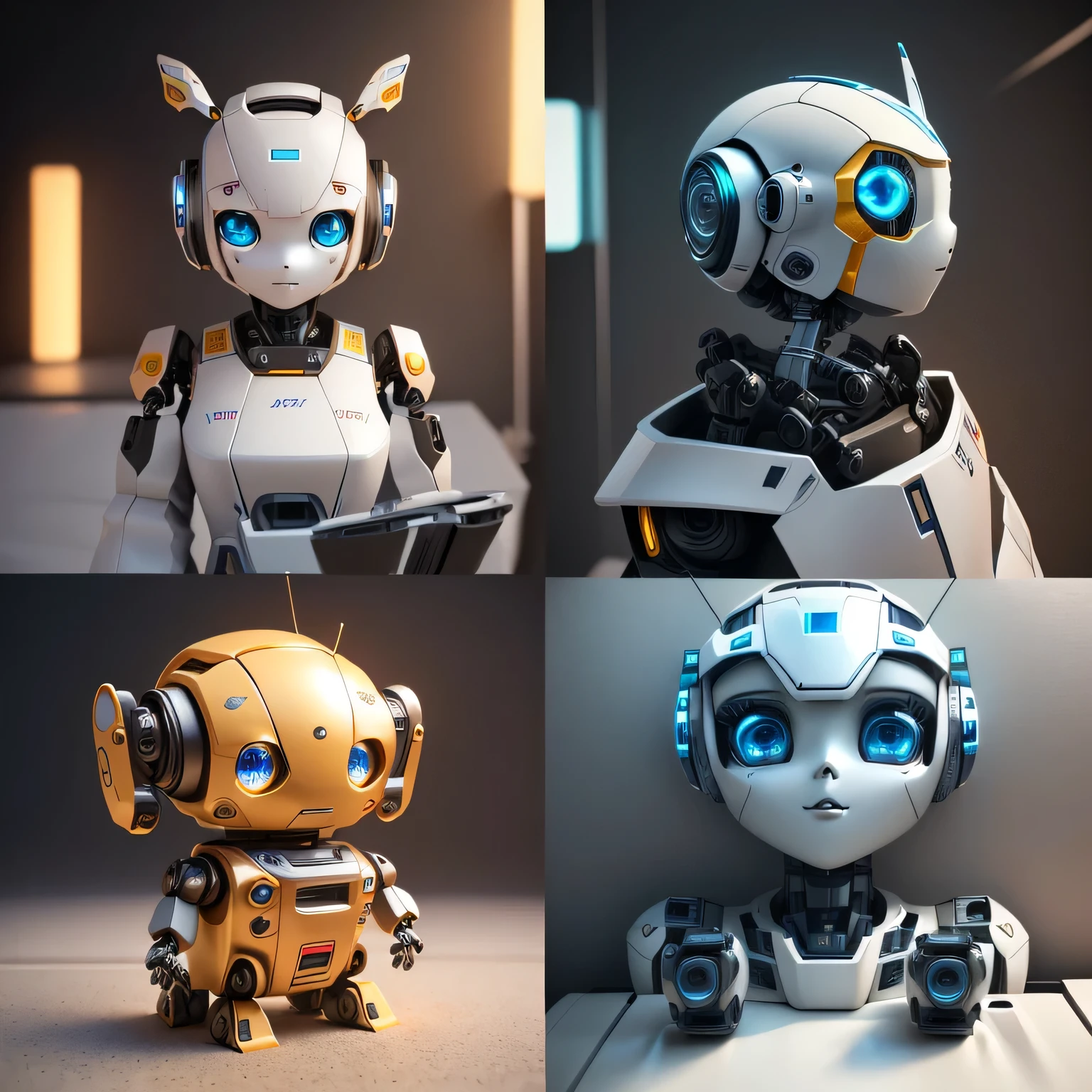 There are four different robot pictures,Their eyes are different, Cute humanoid robot, Very detailed, with movie lighting, Beautiful robot character design, Small robots, High-quality rendering, photography, High quality 3D rendering, High quality 3D rendering, Cute 3d rendering, Very detailed and high quality, Highly detailed 3D rendering, Highly detailed 3D rendering