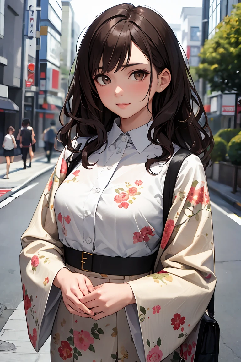Masterpiece, best quality, Photo of a modern afrocentric european woman with wavy dark hair, detailed brown eyes, and a floral shirt on tokyo street