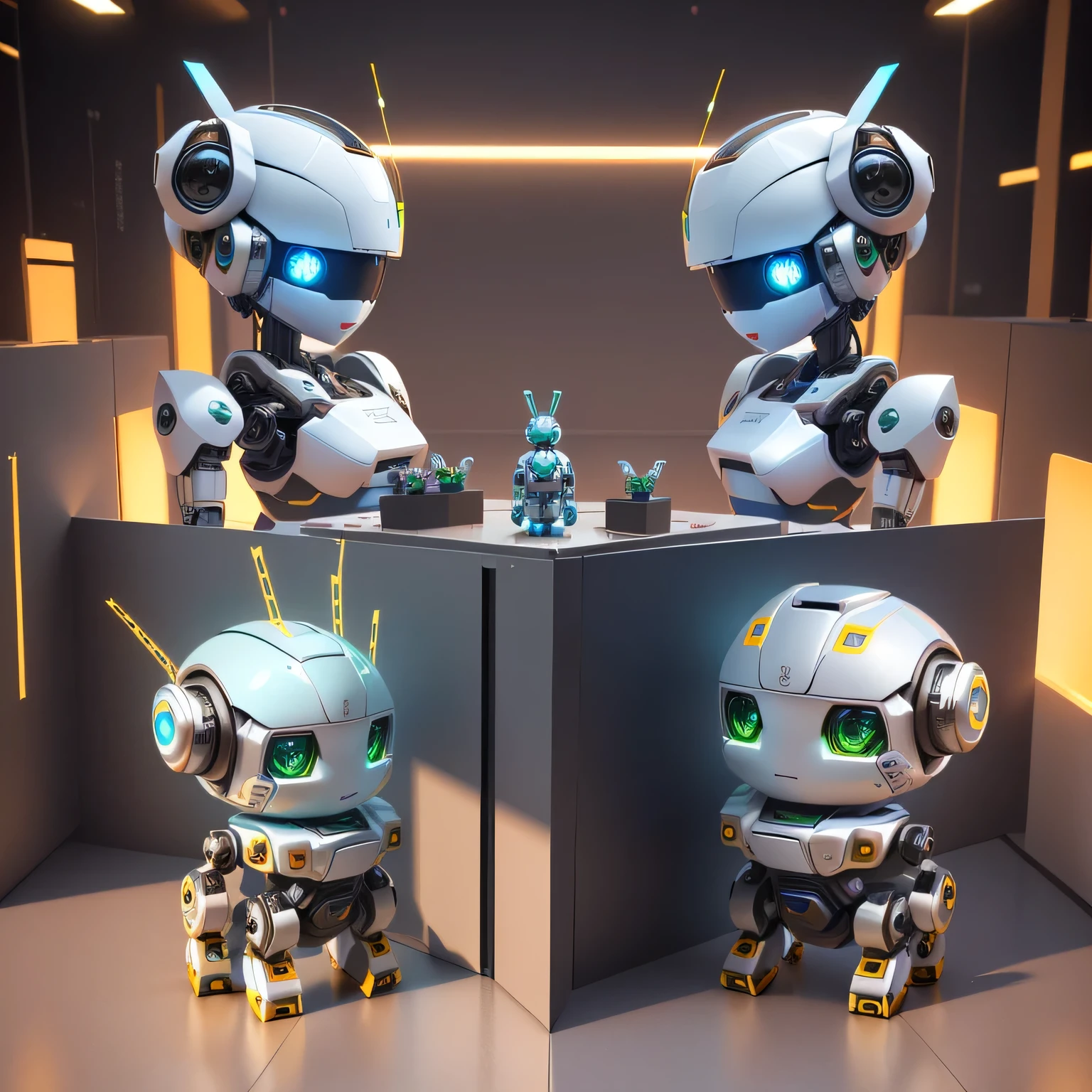 There are four different robot pictures,Their eyes are different, Cute humanoid robot, Very detailed, with movie lighting, Beautiful robot character design, Small robots, High-quality rendering, photography, High quality 3D rendering, High quality 3D rendering, Cute 3d rendering, Very detailed and high quality, Highly detailed 3D rendering, Highly detailed 3D rendering