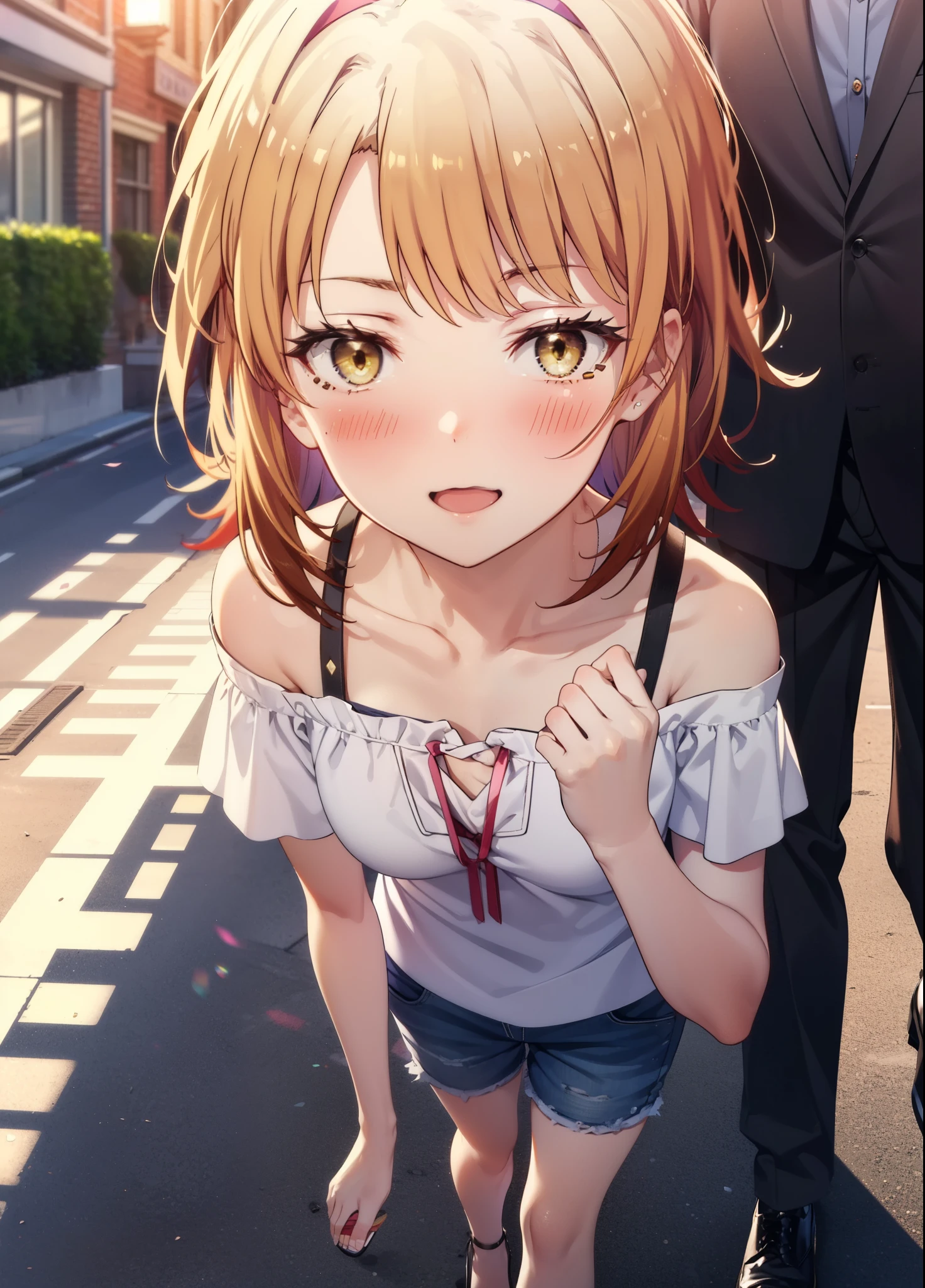 irohaisshiki, iroha isshiki, short hair, Brown Hair, (Brown eyes:1.5),happy smile, smile, Open your mouth,ponytail,Short braided hair,Medium chest,
hair band,Cord off-shoulder top,Short sleeve,skinny pants,Stiletto heels,Sunset,evening,The sun is setting,Walking,whole bodyがイラストに入るように,Looking down from above,Holding a Chanel bag in her right hand,
break outdoors,In town,Building district,
break looking at viewer, whole body,
break (masterpiece:1.2), highest quality, High resolution, unity 8k wallpaper, (shape:0.8), (Beautiful details:1.6), Highly detailed face, Perfect lighting, Extremely detailed CG, (Perfect hands, Perfect Anatomy),