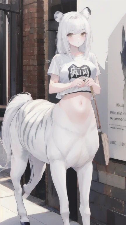 (best quality, masterpiece), 1 girl, centaur, It takes, White skin,belly button t-shirt, beautiful girl perfect white tiger photo, perfect white tiger photo
