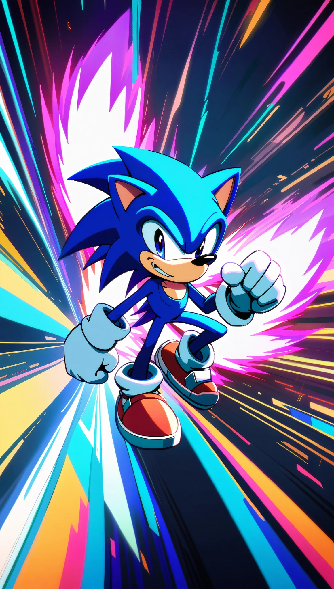 a detailed cartoon character of sonic the hedgehog, sonic, 90s style, detailed cartoon 90s, speed line, speed light, vibrant colors, dynamic pose, high energy, intricate background environment, neon lighting, glowing rings, particle effects, extreme detail, cinematic lighting, anime style