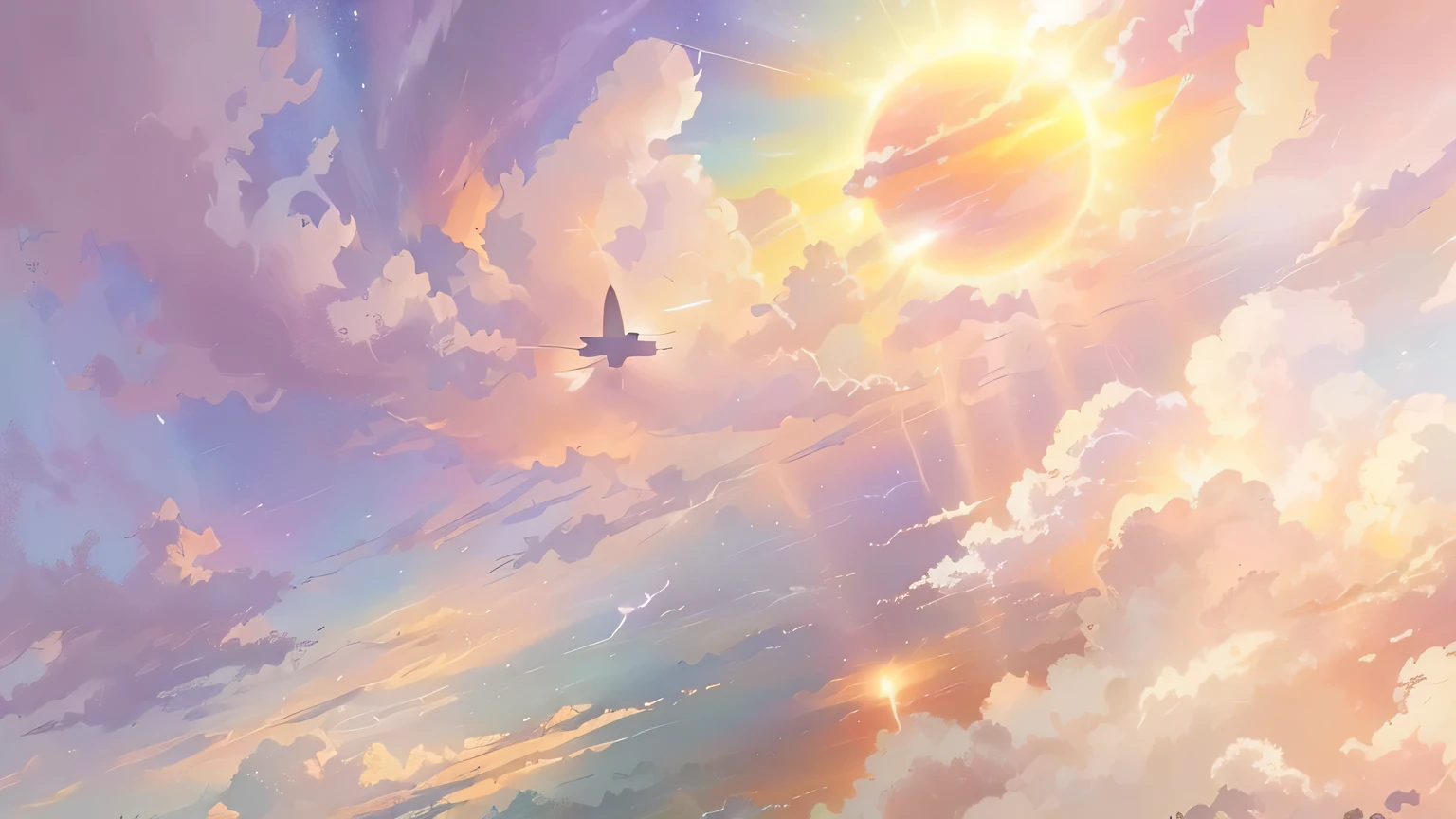 painting of a plane flying in the sky with a sun in the background, godrays digital painting, anime clouds, painted in anime painter studio, made with anime painter studio, anime sky, luminous sky heaven background, anime atmospheric, anime background, ethereal anime, cosmic skies. by makoto shinkai, atmospheric anime, atmospheric fantasy sky, anime background art