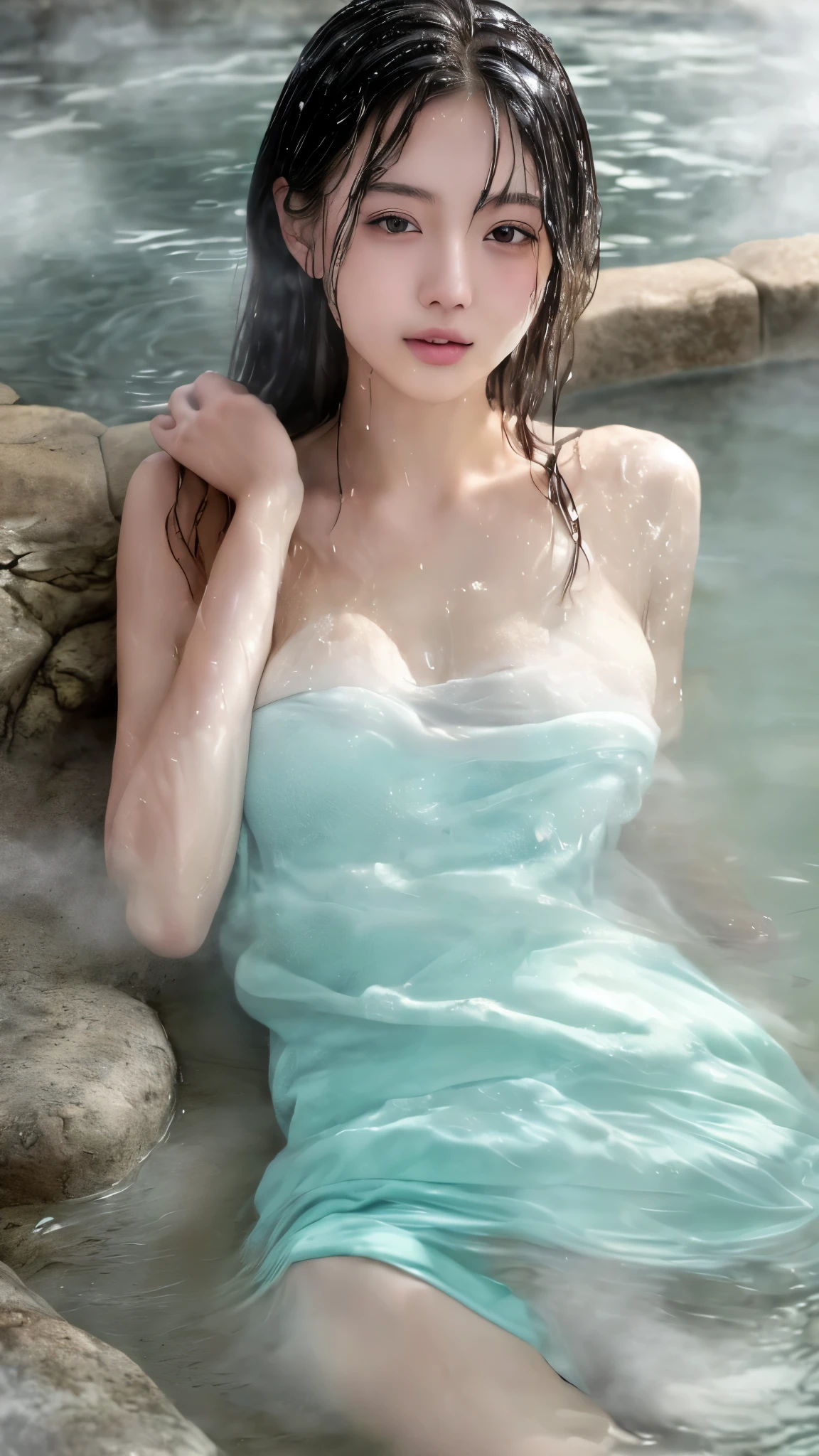 最high quality、high quality、Best image quality、8k、最High resolution、High resolution、最high quality、masterpiece、Detailed and realistic human body、Detailed and realistic skin、Realistic face in every detail、Realistic reproduction of every detail、Detailed and realistic lips、Detailed and realistic teeth、Detailed and realistic ears、Detailed and realistic hair、Detailed and realistic weapons、Realistic reproduction of every detail、Realistic fingers in every detail、(Beautiful Hands、thumb１reference４)、Realistic feet down to the last detail、((Beautiful Japanese Girl))、(Japanese Model), (Japanese women)、((18 year old beautiful girl))、(Black Hair)、(Random hairstyle)、((whole body))、((Beautiful upward-facing breasts))、(Slim Style、Slim fit)、(whole body光沢肌、Fair skin)、((小さな白いSee-through towelが体に巻かれています.))、((See-through towel(濡れたSee-through towelを通して彼女の肌が見える))、(Soft natural light)、((Deep in the forest(Natural hot springs gush out))、((Hot springs surrounded by rocks))、((deep bathtub(deep hot spring))、((Onsen Girls))、((Enter the hot spring))、((A woman warming herself in a hot spring))、((Relax in the hot springs))、((Soak in hot water))、((腰までSoak in hot water))、(((lying down in water)))、(((Waist-deep in water)))、((A lot of steam rises from the hot spring.))、((Extremely clear hot spring water))、((The main body seen from the water surface))