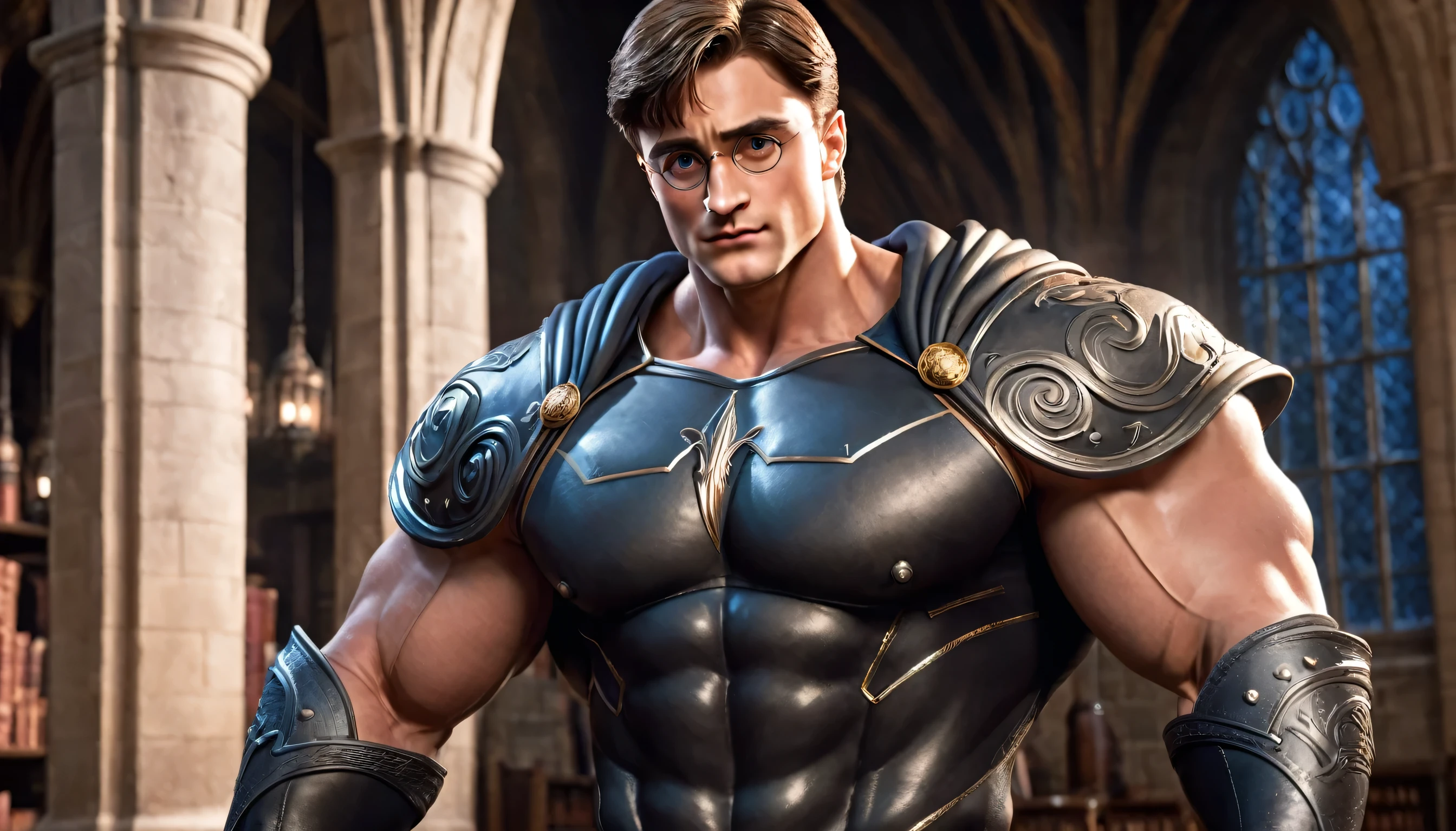 Very Handsome Harry Potter with a really big chiseled jawline and very big muscled Muscles is looking straight with sigma look inside his magic academy, Ultra realistic, He is wearing his academy clothes
