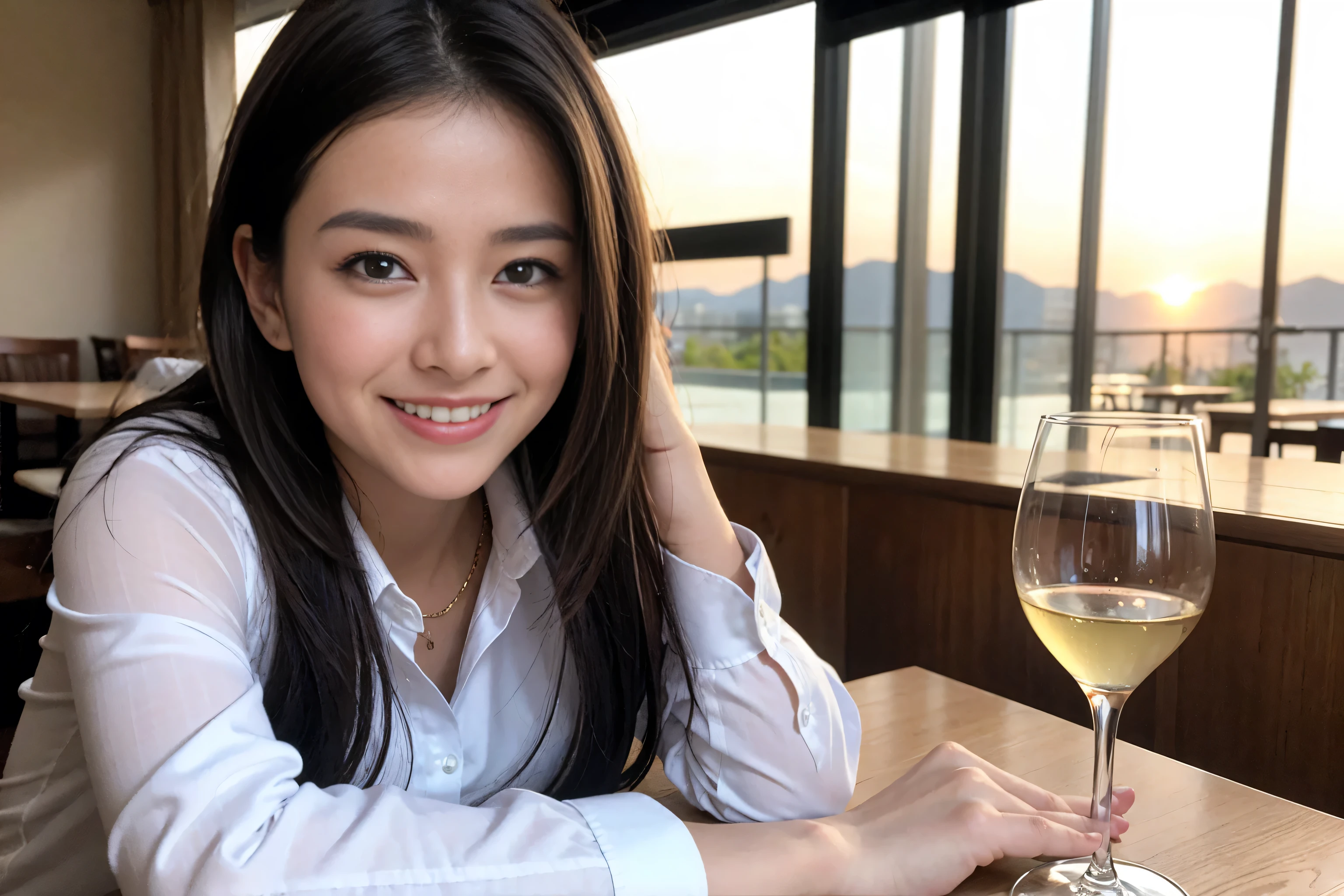 ((highest quality、8k、masterpiece:1.3))、1 male、1 female、Couple、Spouse、Satomi Ishihara-like beautiful couple、The body is slim、((Bob Hale、Straight hair:1.2)), (Realistic, Intricate details:1.2), Wine glass on the table、Shine light on your face、 Amazing view of the sunset sky and clouds、Amazing mountain views、A bright smile、The wonderfulness of smile、Bright image、The beauty of wine, Beautiful Face, blue eyes, The light shines on your face, Blushing, short hair,Bright Face、 (Age 35), 39 years old, red wine 、Appetizers、Italian food、Wine bottle、Champagne、sparkling wine、Two beauties、Brown Hair、Shortcuts、Long sleeve shirt、dress、Pretty Woman 1, (Slim face), (The body is slim), (Brown Hair), (Shortcuts), cheeks turn a little red,Attractive beauty、restaurant, In a prominent place (From the waist up) Nova Frog Style, actress, model, Upper Body, White wine, slim, wine glass, A wine glass placed in the center, smile, (smile: 1.15), Beautiful fine grain, Depth f/2,saturation, High Contrast, Strong light and shadow,Moist Body:1.5、3D texture、Delicate eyes、Brown Hair、The hair is very shiny、