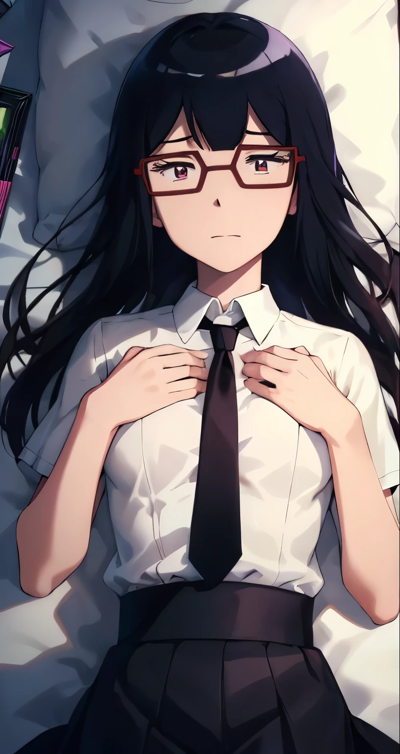 { masterpiece : best quality : high resolution : unity 8k wallpaper : illustration : beautiful detailed eyes : extremely detailed face : perfect lighting : extremely detailed CG : perfect hands : perfect anatomy } { nsfw : hentai } { in a creepy dark bedroom : messy : dark environment }  { Mochizuki Meiko : perfectly small shape breast : red glasses : perfectly fit body : white collar shirt with black necktie : black skirt : expressionless : blank Expression : blank eyes : motionless } { lying down : on the bed } 