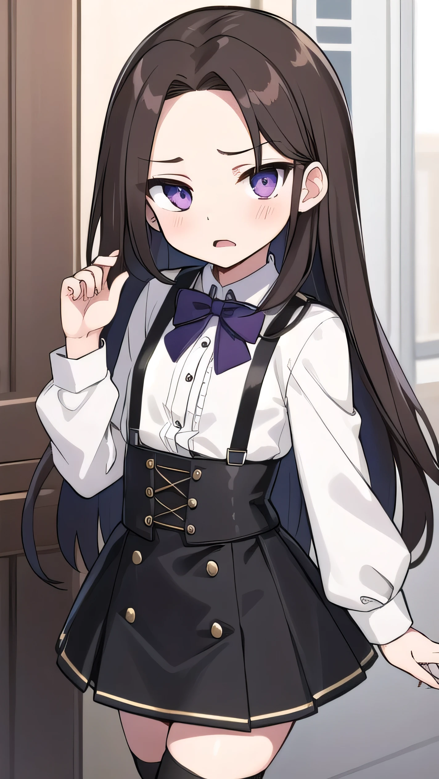 Brown hair, long hair, purple eyes,middle part，  wide forehead, white shirt, long sleeves, black corset, black miniskirt, black knee socks, middle school student, flat chest , short, narrow eyes, hanging eyes, forehead, straight hair, harness, anger