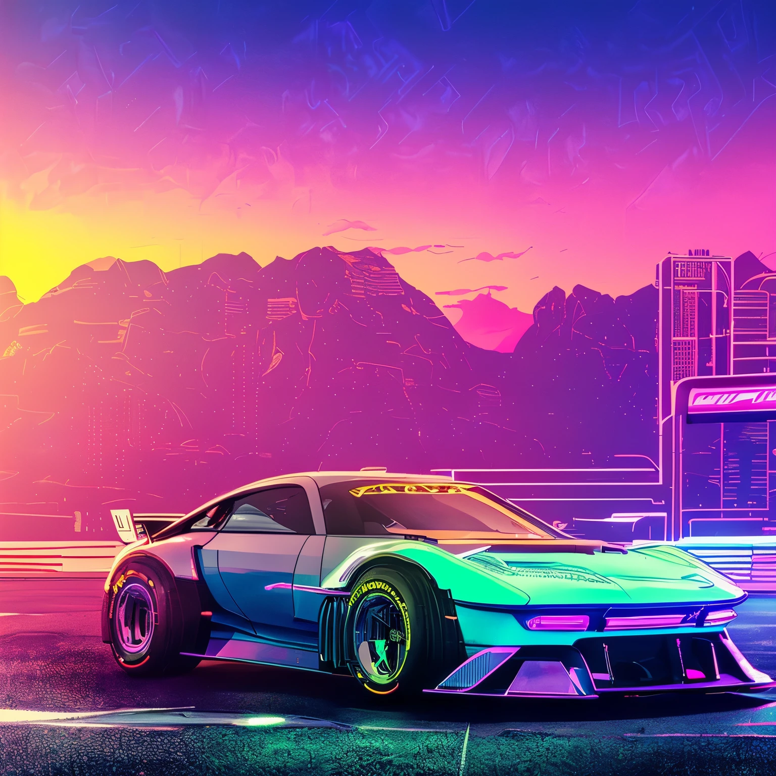 retrowave. A super race car on the road, purple neon lights, sun, mountain, (masterpiece,detailed,highres), (nvinkpunk: 1.2) supercarro, solo, estilo snthwve, onda de luz, sun sunset, intrincada, altamente detalhada