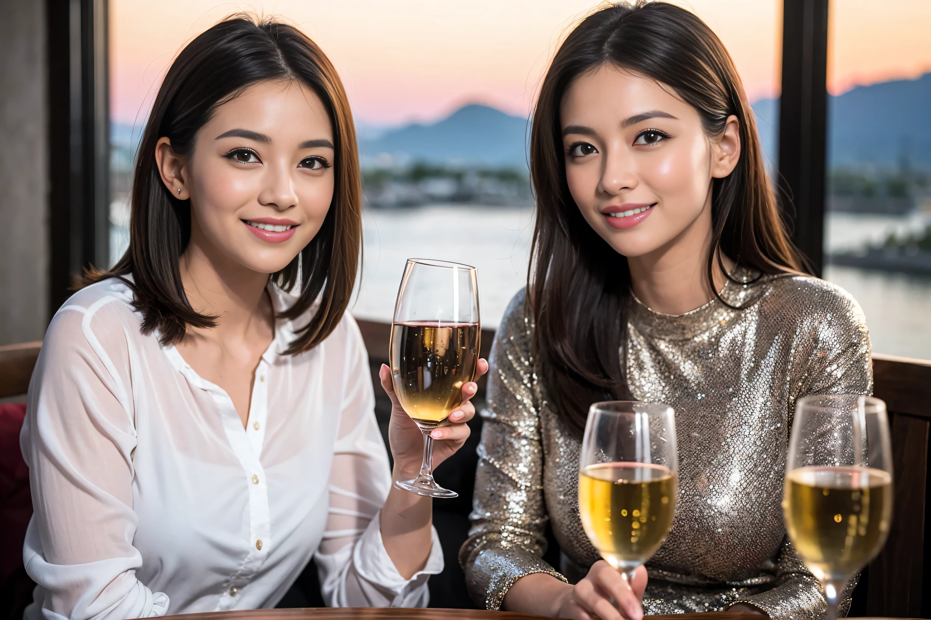 ((highest quality、8k、masterpiece:1.3))、1 male、1 female、Couple、Spouse、Satomi Ishihara-like beautiful couple、The body is slim、((Bob Hale、Straight hair:1.2)), (Realistic, Intricate details:1.2), Wine glass on the table、Shine light on your face、 Amazing view of the sunset sky and clouds、Amazing mountain views、A bright smile、The wonderfulness of smile、Bright image、The beauty of wine, Beautiful Face, blue eyes, The light shines on your face, Blushing, short hair,Bright Face、 (Age 35), 39 years old, red wine 、Appetizers、Italian food、Wine bottle、Champagne、sparkling wine、Two beauties、Brown Hair、Shortcuts、Long sleeve shirt、dress、Pretty Woman 1, (Slim face), (The body is slim), (Brown Hair), (Shortcuts), cheeks turn a little red,Attractive beauty、restaurant, In a prominent place (From the waist up) Nova Frog Style, actress, model, Upper Body, White wine, slim, wine glass, A wine glass placed in the center, smile, (smile: 1.15), Beautiful fine grain, Depth f/2,saturation, High Contrast, Strong light and shadow,Moist Body:1.5、3D texture、Delicate eyes、Brown Hair、The hair is very shiny、