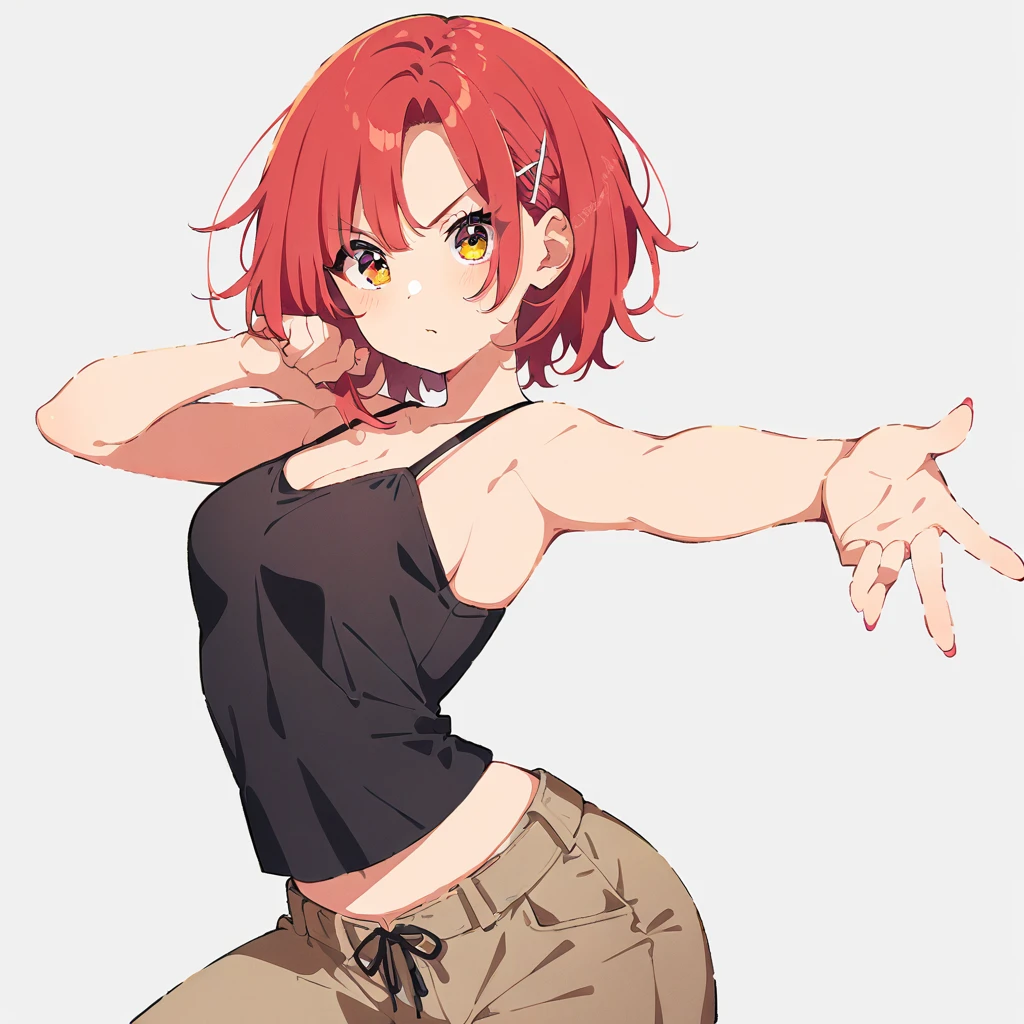 (superflat, flat shading, flat colors), girl, little kid, , lolilat chest, slim, skinny, red sports bra, sports shorts, fighting pose, angry, aggressive, emotional, dynamic pose, motion effect, (cat ears), white background, vibrant colors, bright,