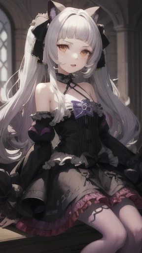 bbshion, 1girl, long hair, twintails, hair ribbon, short eyebrows, animal ears, cat tail, earrings, frilled choker, halterneck, black bow, star brooch, bare shoulders, black dress, frilled dress, gothic, detached sleeves, wide sleeves, purple pantyhose