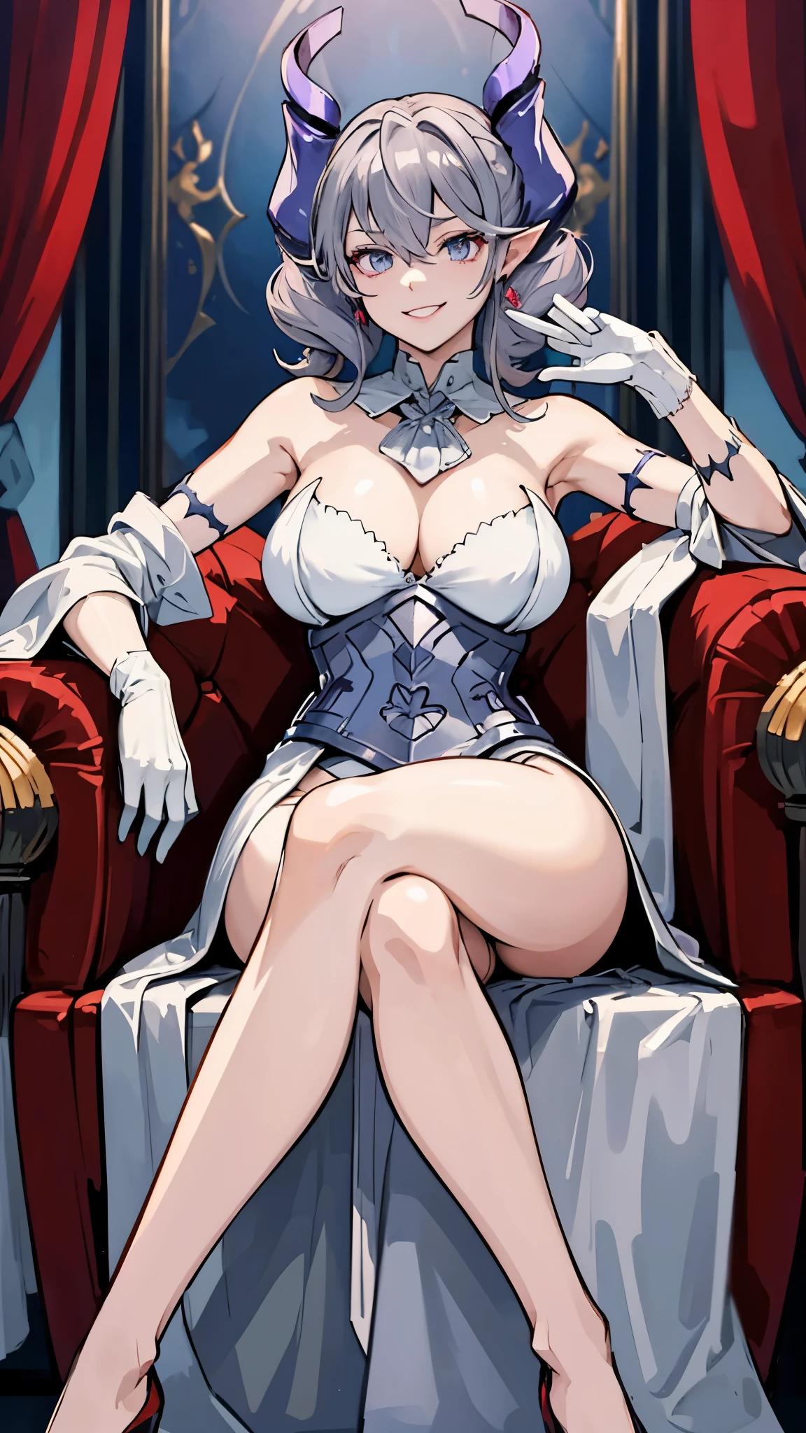 Throne sofa High level image quality best image quality 8K adult woman whole body view portrait pure red long gloves(elbow gloves) red long dress(slit) horn ears short hair((shortcut)(gray hair)(perm)(fluffy)) eye color is blue attractive evil face , face detail , smile , sexy pose , labrynth , erotic standing styles , view all body from side , face focus , view legs , sitting at a distance