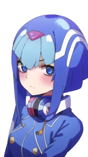 Leviathan_Megamanz, 1 Girl, looking at viewer, blue hair, Blue eyes, simple background , Blushed, Miku Nakano Clothes , Headphones on neck , Submissive Clothing