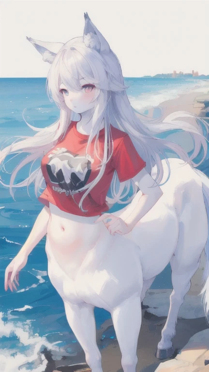 (best quality, masterpiece), 1 girl, centaur, It takes, White skin,belly button t-shirt, beautiful girl perfect wolf photo, perfect wolf photo