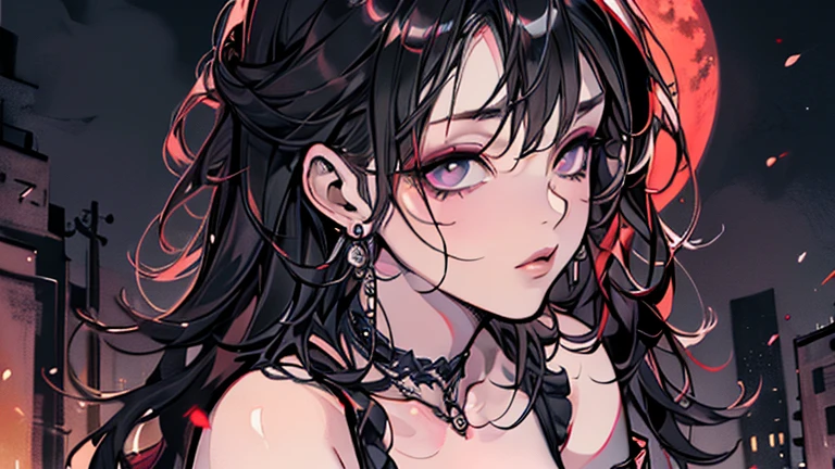 Depth of written border, Detailed eyes, ((CG illustration)), ((Face Focus)), ((masterpiece)), ((8k)), ((Very detailed)), ((super high quality)), ((Cinematic)), ((Photorealistic)), ((Close-up shot)), (alone), (Cool girl), Very long hair, Straight hair, (((Slim body))), Shiny skin, ((avert your eyes)), (Beautiful goth girl with high cheeks and legs), Gothic Makeup, Clear Eyes, lipstick, dark eye shadow, ((No bra)), choker, Earrings, provoke, night, ((full moon)), ((functional)), , Visual Key, ((pastel colour)), Untied clothes, forget, kiss, White Knight, dark, silence