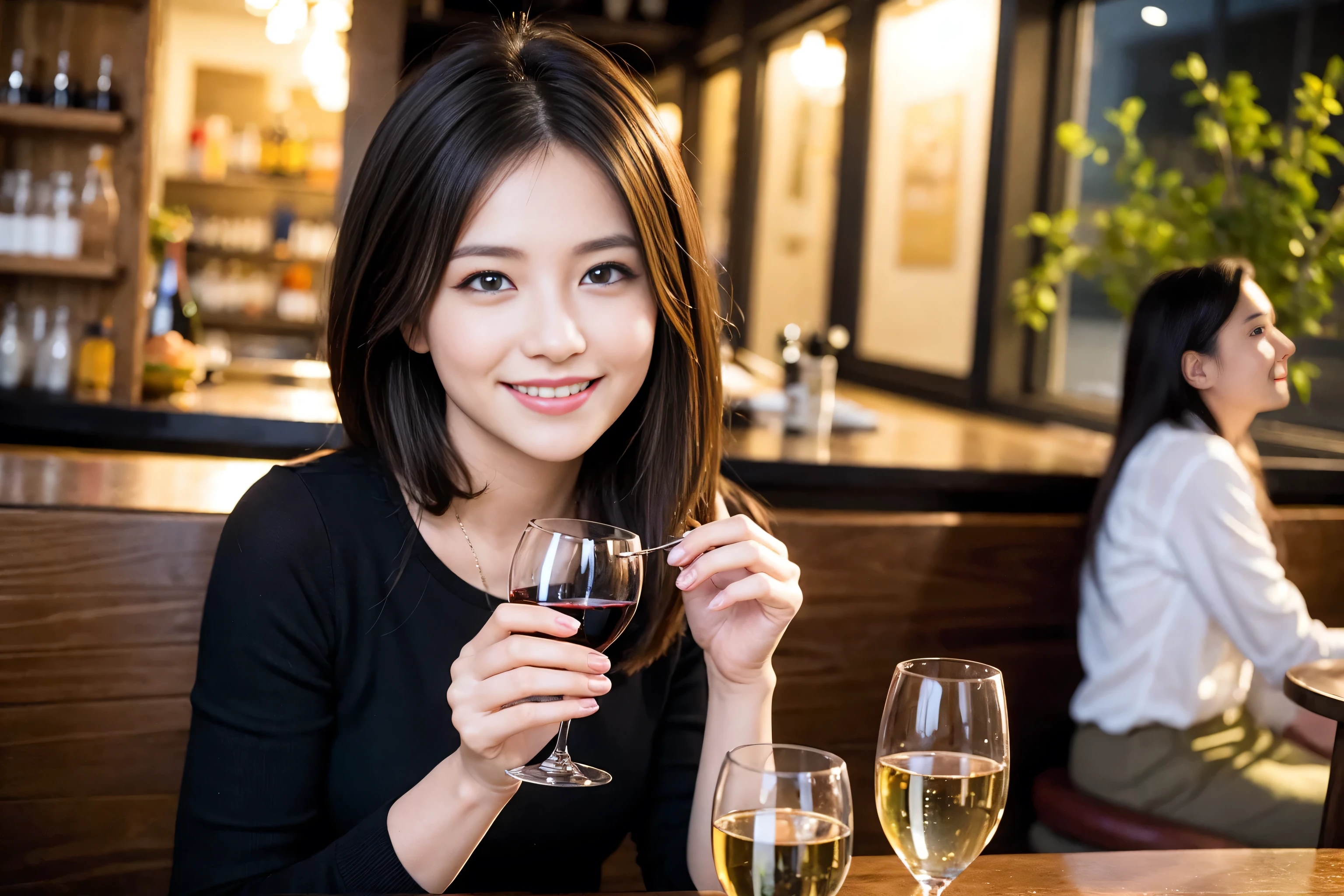 ((highest quality、8k、masterpiece:1.3))、1 male、1 female、Couple、Spouse、Satomi Ishihara-like beautiful couple、The body is slim、((Bob Hale、Straight hair:1.2)), (Realistic, Intricate details:1.2), Wine glass on the table、Shine light on your face、 Amazing view of the sunset sky and clouds、Amazing mountain views、A bright smile、The wonderfulness of smile、Bright image、The beauty of wine, Beautiful Face, blue eyes, The light shines on your face, Blushing, short hair,Bright Face、 (Age 35), 39 years old, red wine 、Appetizers、Italian food、Wine bottle、Champagne、sparkling wine、Two beauties、Brown Hair、Shortcuts、Long sleeve shirt、dress、Pretty Woman 1, (Slim face), (The body is slim), (Brown Hair), (Shortcuts), cheeks turn a little red,Attractive beauty、restaurant, In a prominent place (From the waist up) Nova Frog Style, actress, model, Upper Body, White wine, slim, wine glass, A wine glass placed in the center, smile, (smile: 1.15), Beautiful fine grain, Depth f/2,saturation, High Contrast, Strong light and shadow,Moist Body:1.5、3D texture、Delicate eyes、Brown Hair、The hair is very shiny、