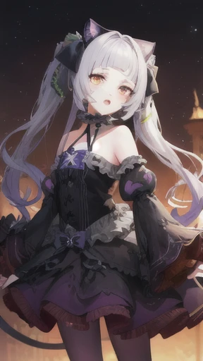 bbshion, 1girl, long hair, twintails, hair ribbon, short eyebrows, animal ears, cat tail, earrings, frilled choker, halterneck, black bow, star brooch, bare shoulders, black dress, frilled dress, gothic, detached sleeves, wide sleeves, purple pantyhose