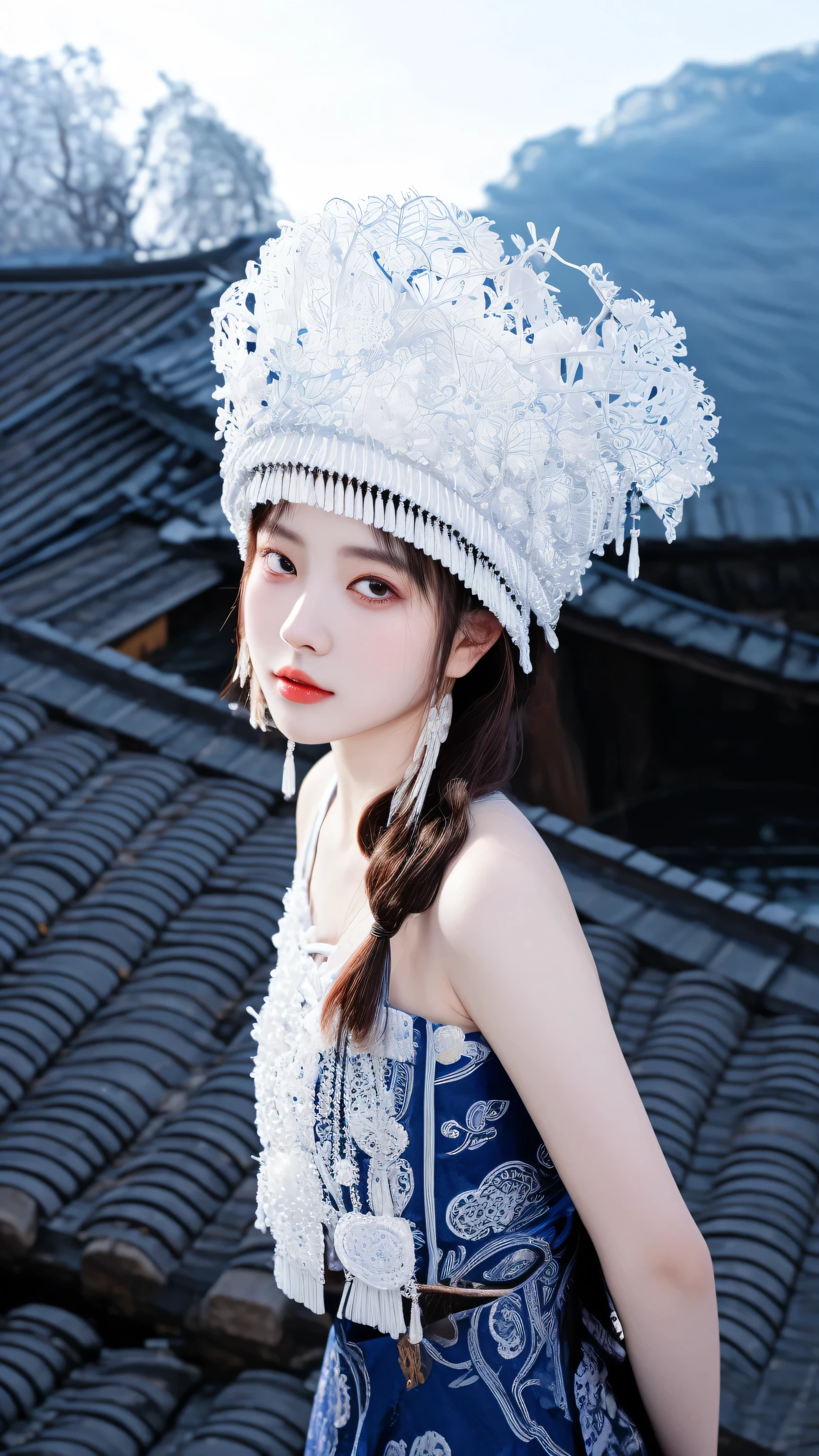 arafed woman wearing a white hat and a blue dress, palace , a girl in hanfu, traditional chinese, traditional beauty, inspired by Jin Nong, chinese girl, inspired by Dai Xi, portrait shot, chinese woman, queen of the sea mu yanling, ruan jia beautiful!, traditional tai costume, full body xianxia, chinese style